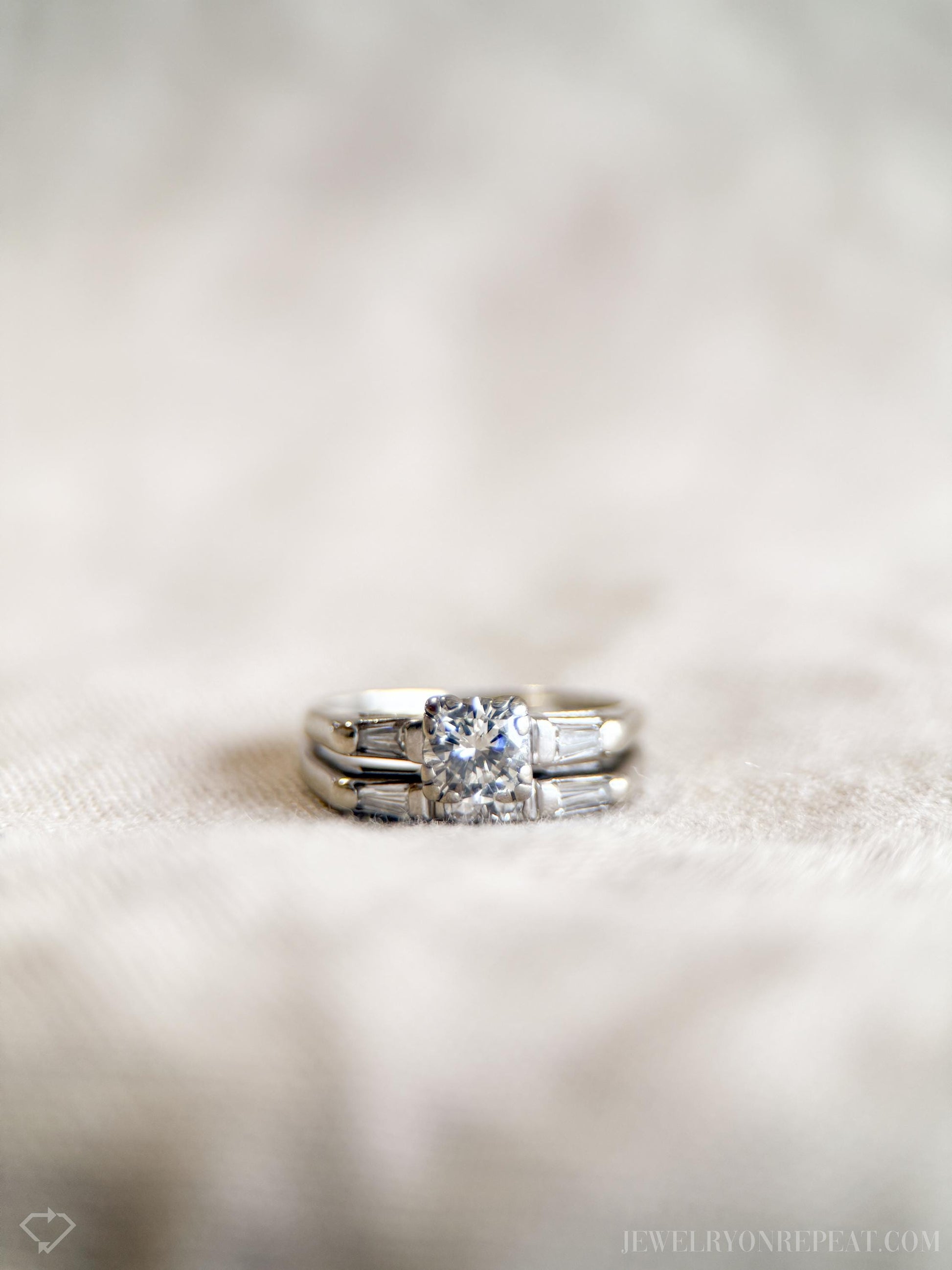 Vintage Art Deco Diamond Bridal Set, Engagement Ring and Wedding Band in 14k White Gold - Timeless, Sustainable, @JewelryOnRepeat