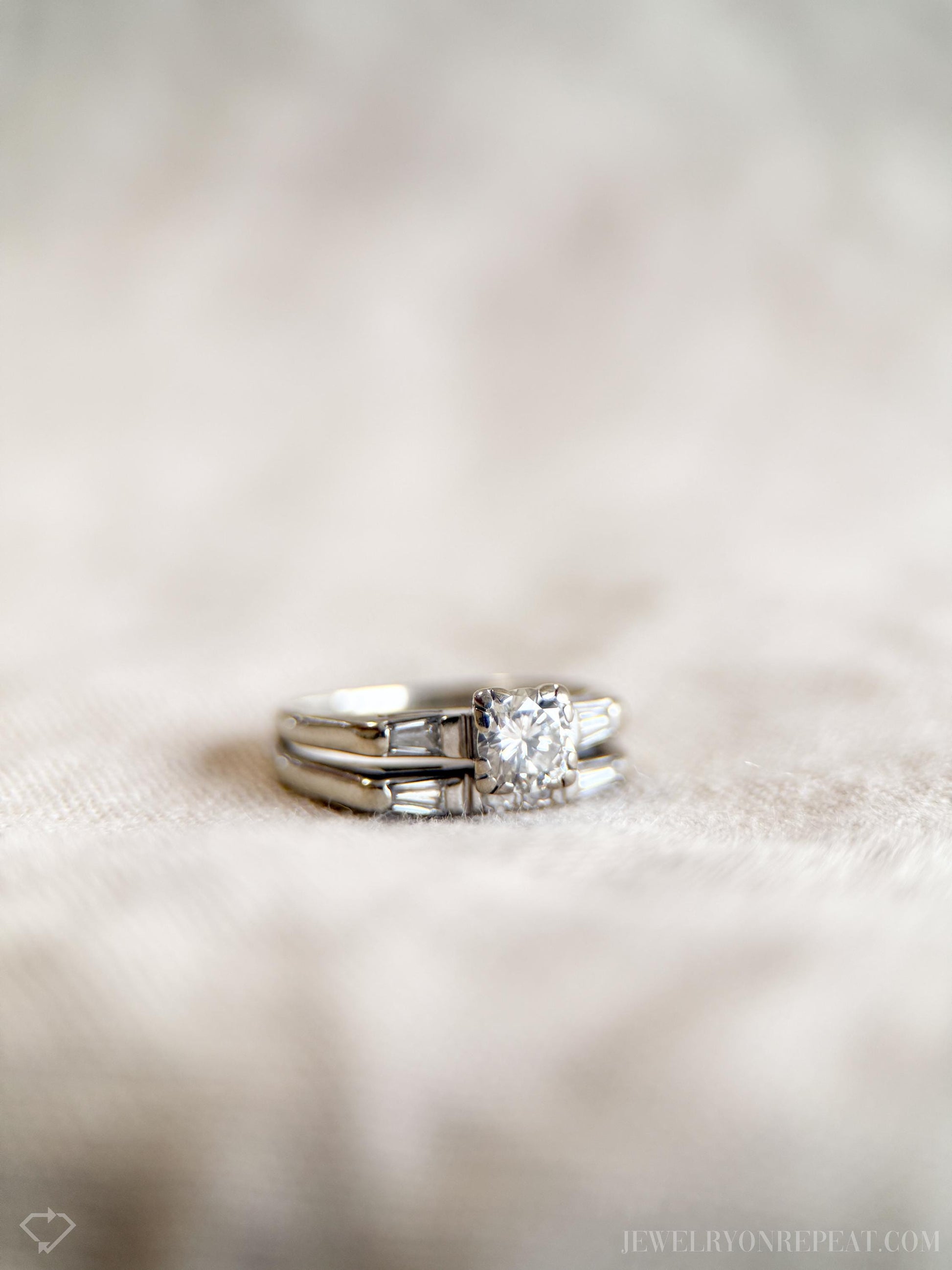Vintage Art Deco Diamond Bridal Set, Engagement Ring and Wedding Band in 14k White Gold - Timeless, Sustainable, @JewelryOnRepeat