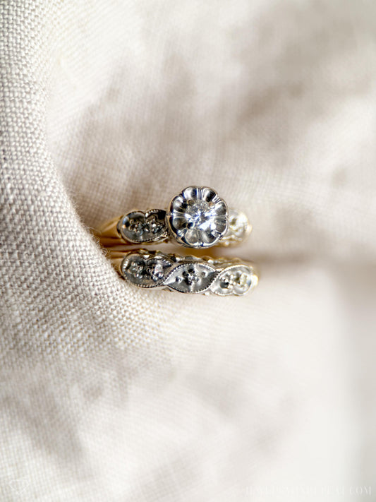 Vintage Diamond Bridal Set Engagement Ring and Wedding Band in 14k Gold, Antique 1950s Jewelry - Timeless, Sustainable, @JewelryOnRepeat