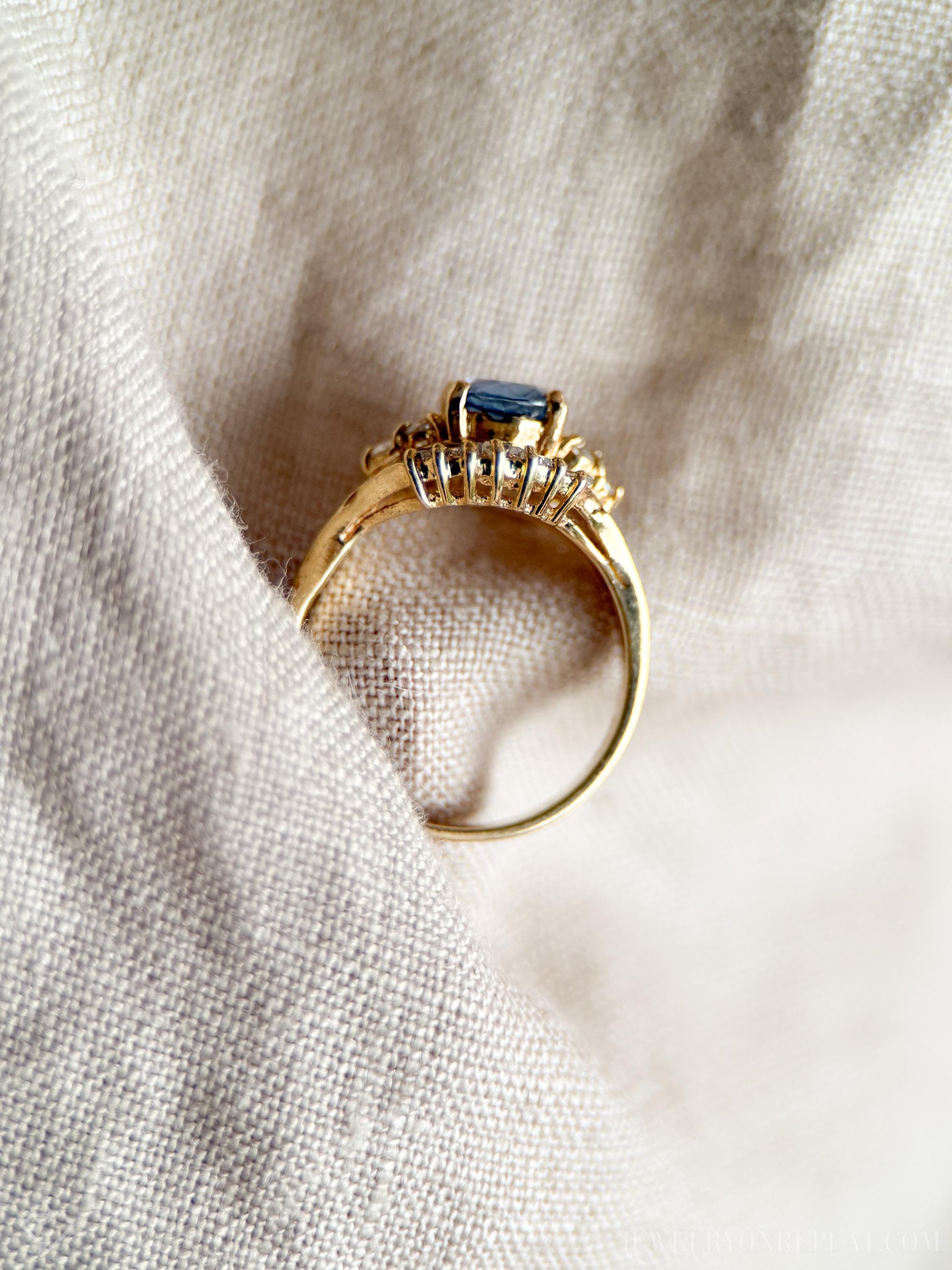Vintage Sapphire Diamond Halo Gemstone Ring in 14k Gold, Retro Jewelry from the 1990s - Timeless, Sustainable, @JewelryOnRepeat
