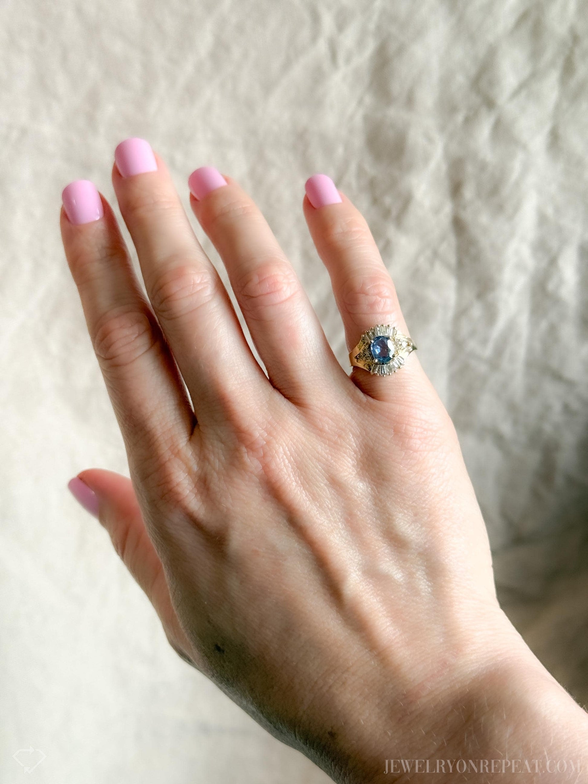 Vintage Sapphire Diamond Halo Gemstone Ring in 14k Gold, Retro Jewelry from the 1990s - Timeless, Sustainable, @JewelryOnRepeat