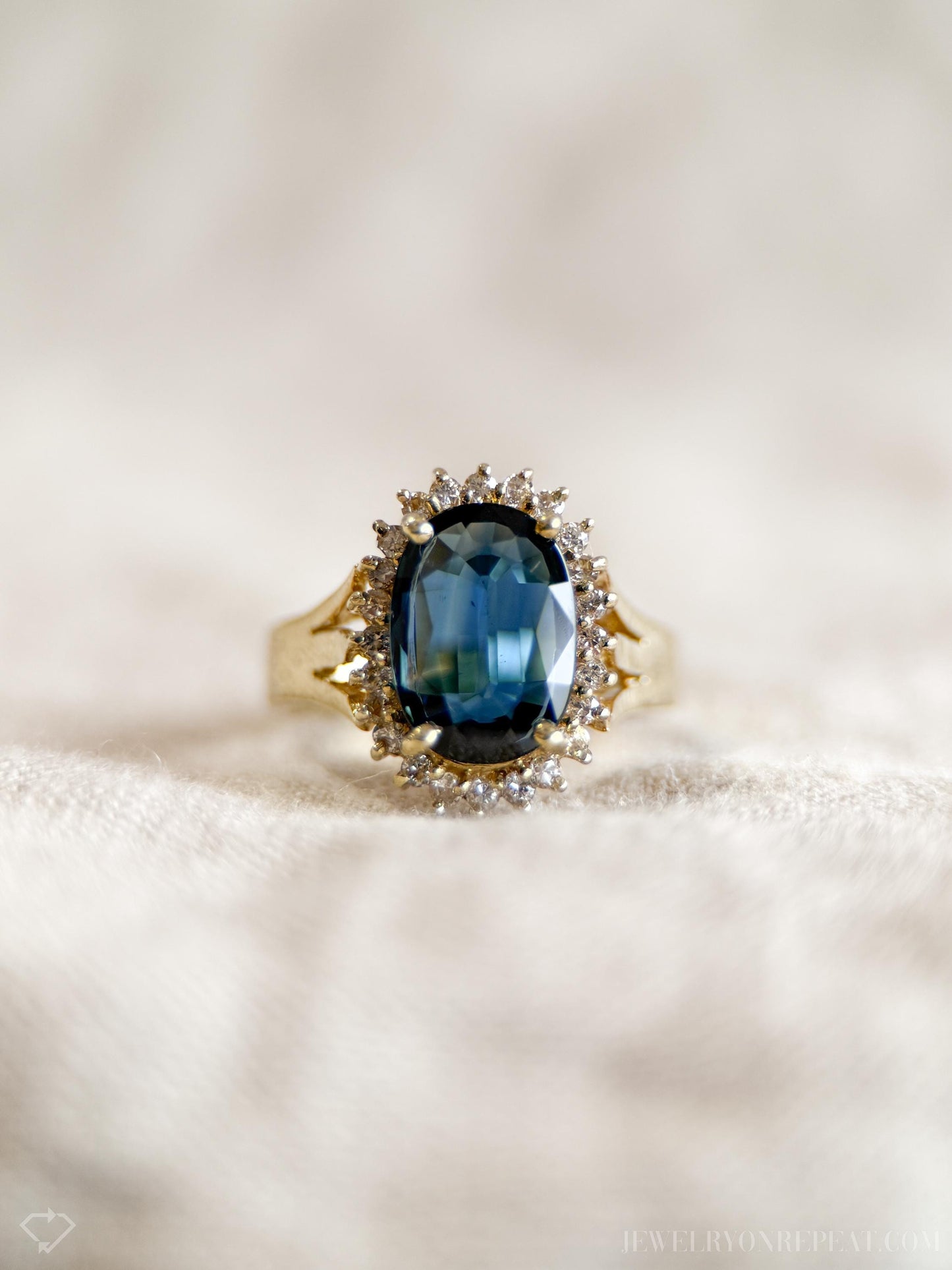 Vintage Sapphire Diamond Halo Gemstone Ring in 14k Gold, Retro Jewelry from the 1990s - Timeless, Sustainable, @JewelryOnRepeat