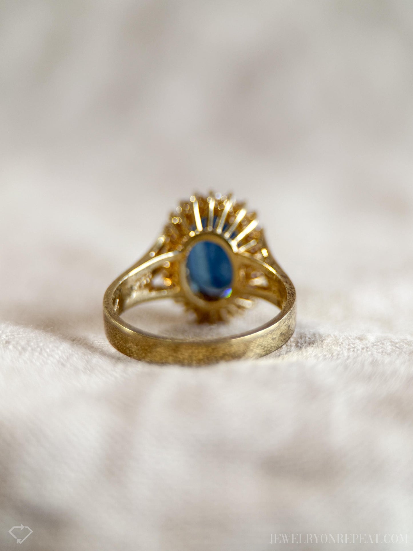 Vintage Sapphire Diamond Halo Gemstone Ring in 14k Gold, Retro Jewelry from the 1990s - Timeless, Sustainable, @JewelryOnRepeat