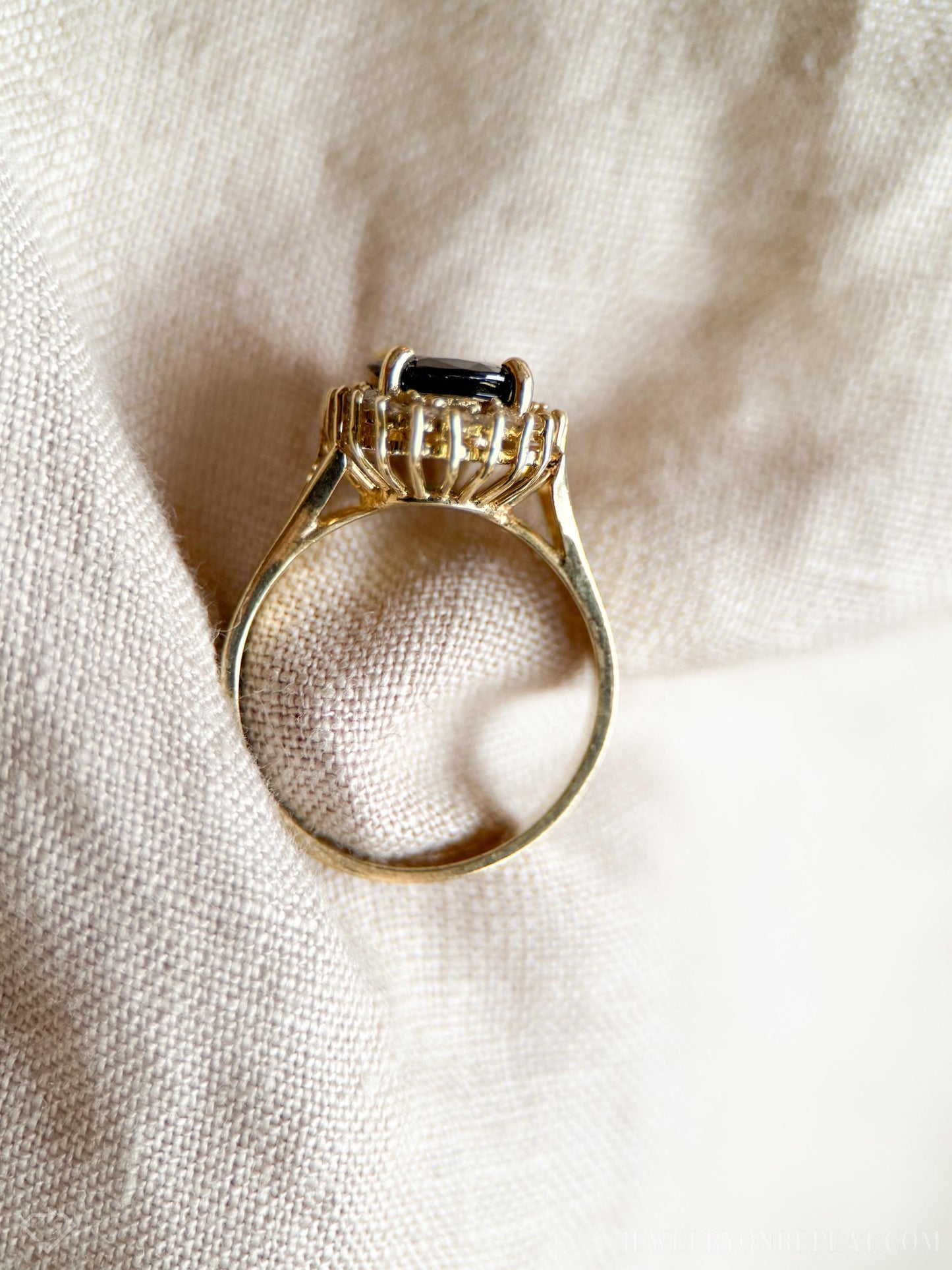 Vintage Sapphire Diamond Halo Gemstone Ring in 14k Gold, Retro Jewelry from the 1990s - Timeless, Sustainable, @JewelryOnRepeat