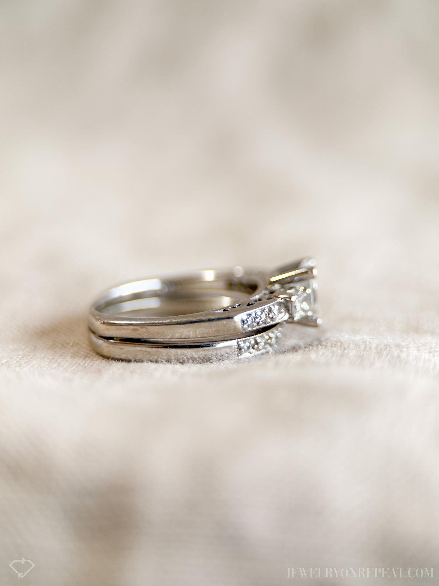Vintage Princess Cut Diamond Engagement and Wedding Ring Bridal Set in 14k White Gold, Retro 1990s Jewelry - Timeless @JewelryOnRepeat