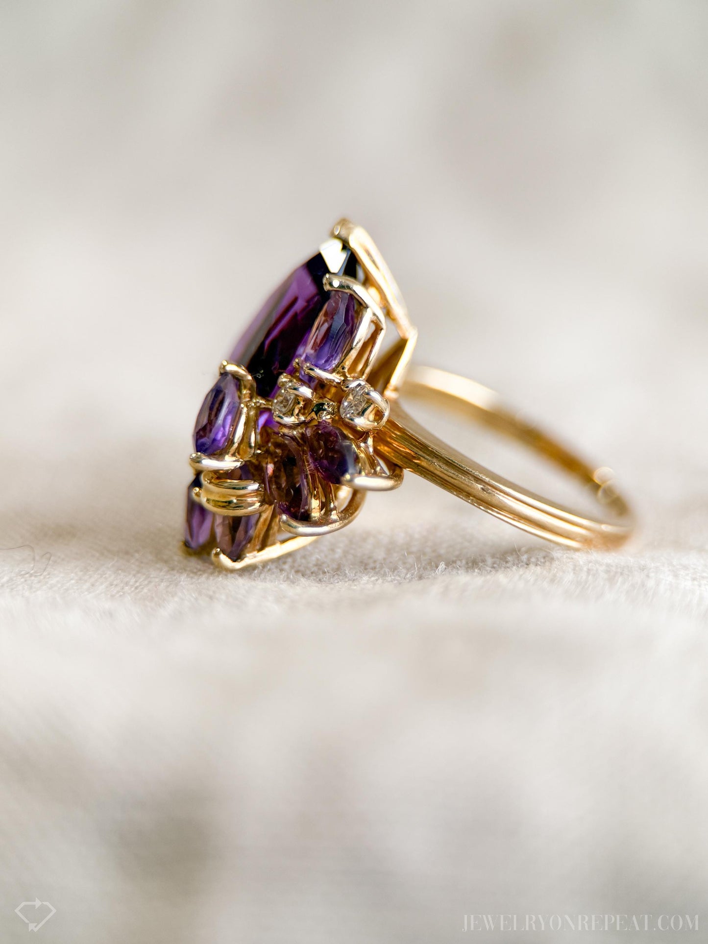 Vintage Amethyst Gemstone and Diamond Cluster Ring in 14k Gold, Retro Jewelry from the 1980s - Timeless, Sustainable, @JewelryOnRepeat