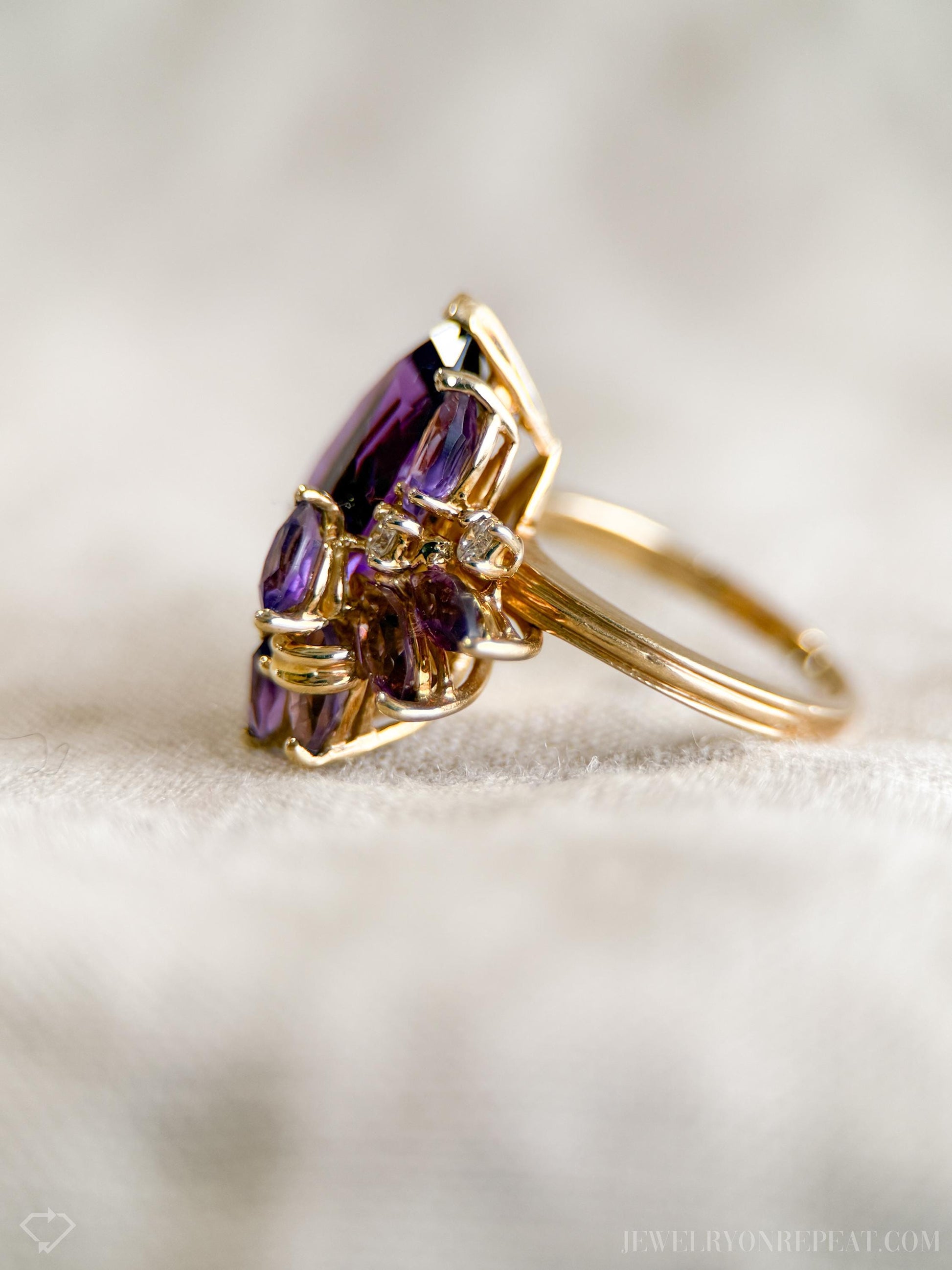 Vintage Amethyst Gemstone and Diamond Cluster Ring in 14k Gold, Retro Jewelry from the 1980s - Timeless, Sustainable, @JewelryOnRepeat