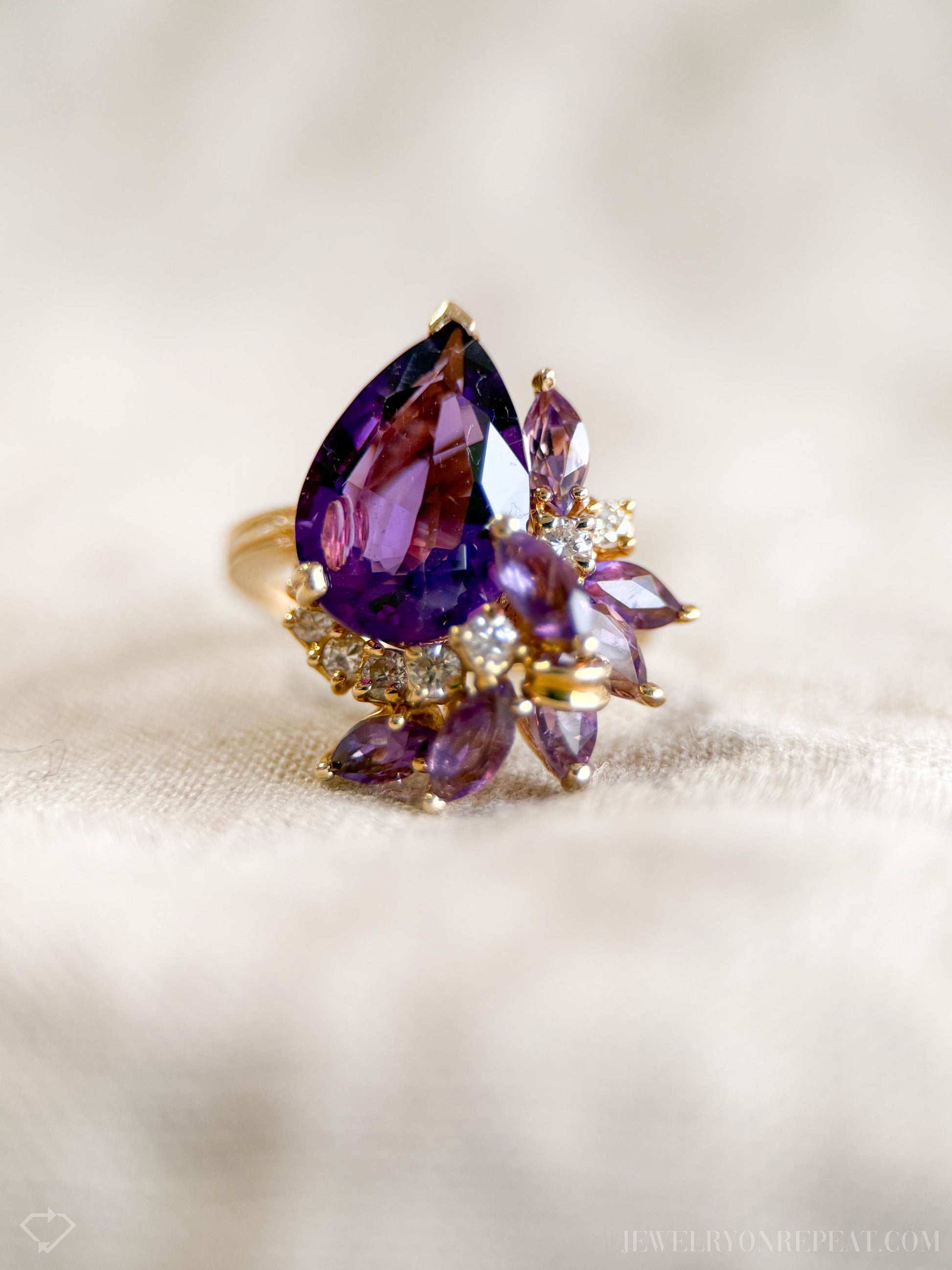 Vintage Amethyst Gemstone and Diamond Cluster Ring in 14k Gold, Retro Jewelry from the 1980s - Timeless, Sustainable, @JewelryOnRepeat