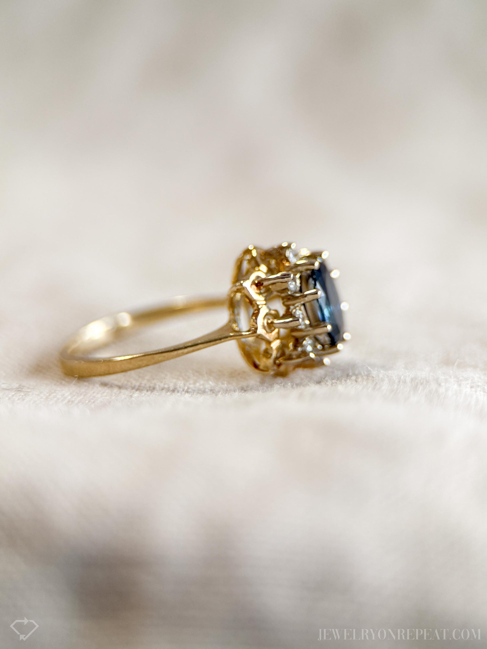 Vintage Sapphire Diamond Halo Gemstone Ring in 14k Gold, Retro Jewelry from the 1950s - Timeless, Sustainable, @JewelryOnRepeat