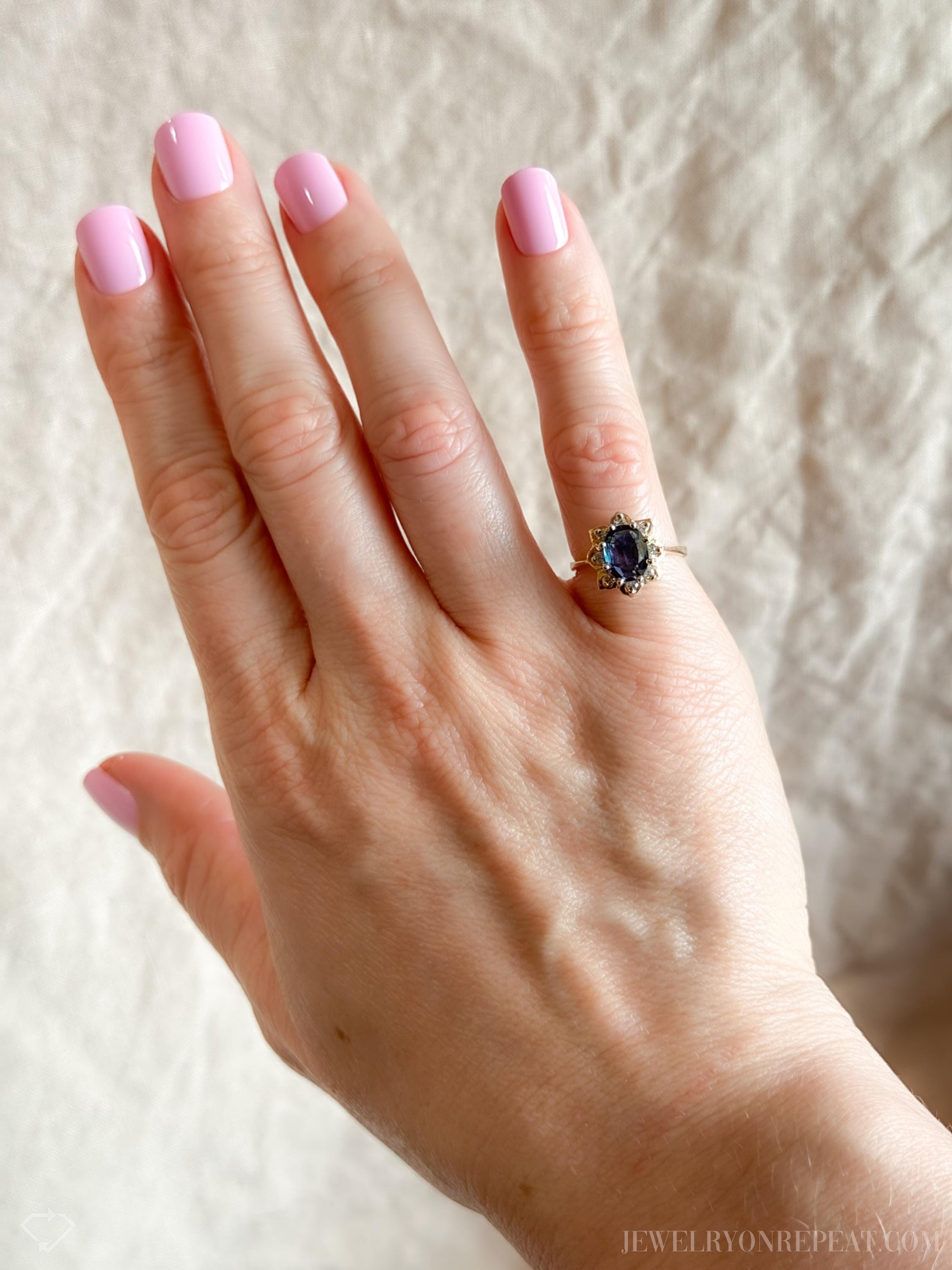 Vintage Sapphire Diamond Halo Gemstone Ring in 14k Gold, Retro Jewelry from the 1950s - Timeless, Sustainable, @JewelryOnRepeat