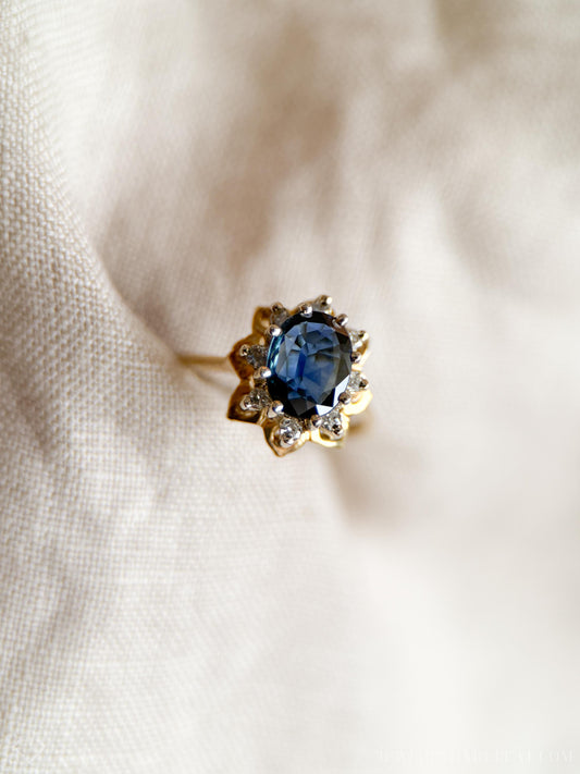 Vintage Sapphire Diamond Halo Gemstone Ring in 14k Gold, Retro Jewelry from the 1950s - Timeless, Sustainable, @JewelryOnRepeat