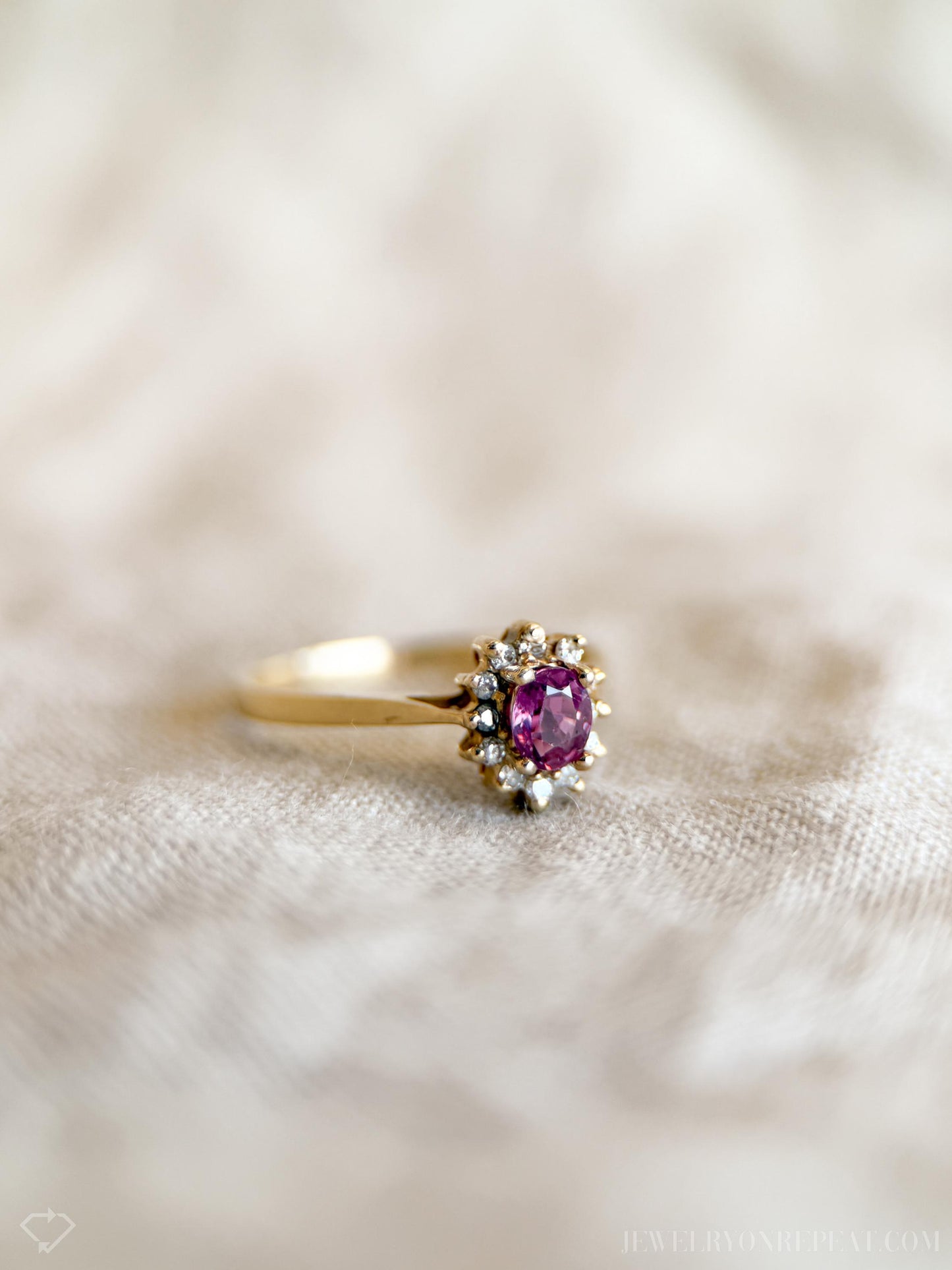 Vintage Ruby and Diamond Halo Gemstone Ring in 14k Gold, Antique Jewelry from the 1990s - Timeless, Sustainable, @JewelryOnRepeat