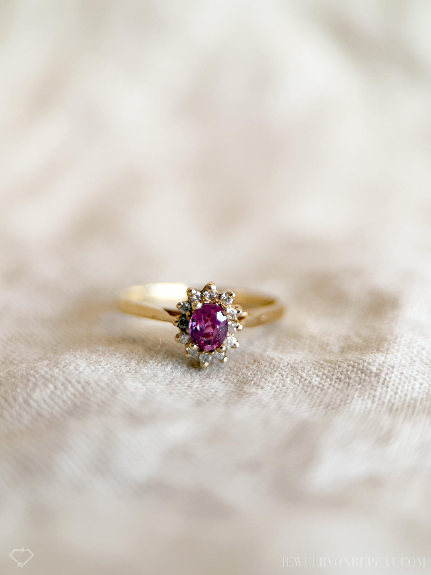Vintage Ruby and Diamond Halo Gemstone Ring in 14k Gold, Antique Jewelry from the 1990s - Timeless, Sustainable, @JewelryOnRepeat
