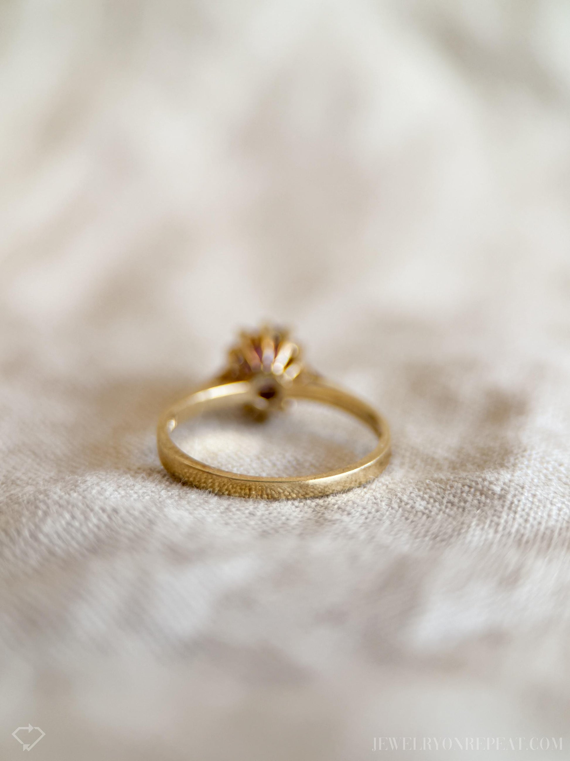 Vintage Ruby and Diamond Halo Gemstone Ring in 14k Gold, Antique Jewelry from the 1990s - Timeless, Sustainable, @JewelryOnRepeat