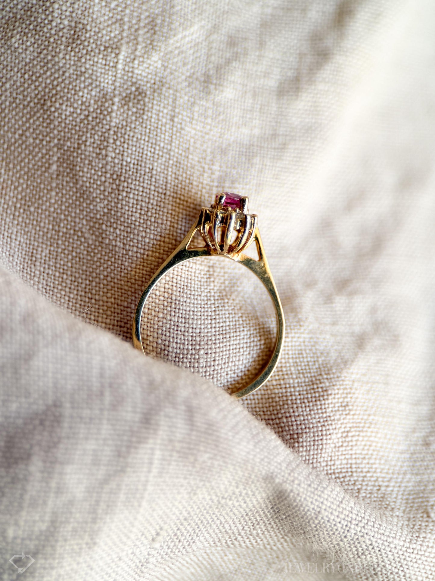 Vintage Ruby and Diamond Halo Gemstone Ring in 14k Gold, Antique Jewelry from the 1990s - Timeless, Sustainable, @JewelryOnRepeat