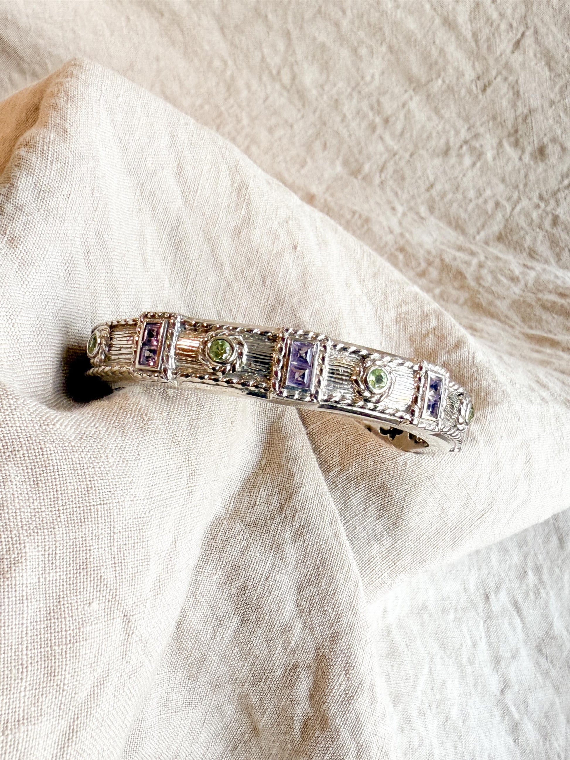 Vintage Judith Ripka Sterling Silver Amethyst Peridot Cuff Bracelet