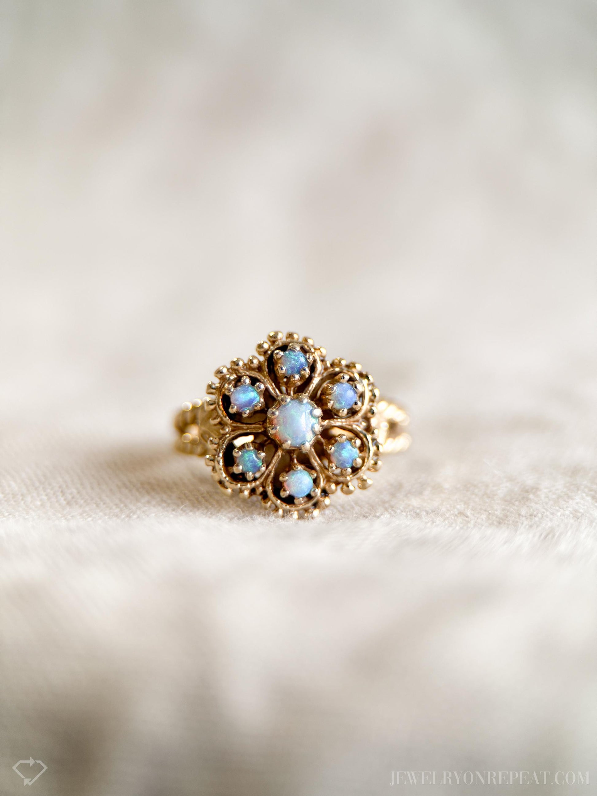 Vintage Opal and Floral Halo Ring in 14k Gold, Antique Jewelry from the 1970s - Timeless, Sustainable, @JewelryOnRepeat