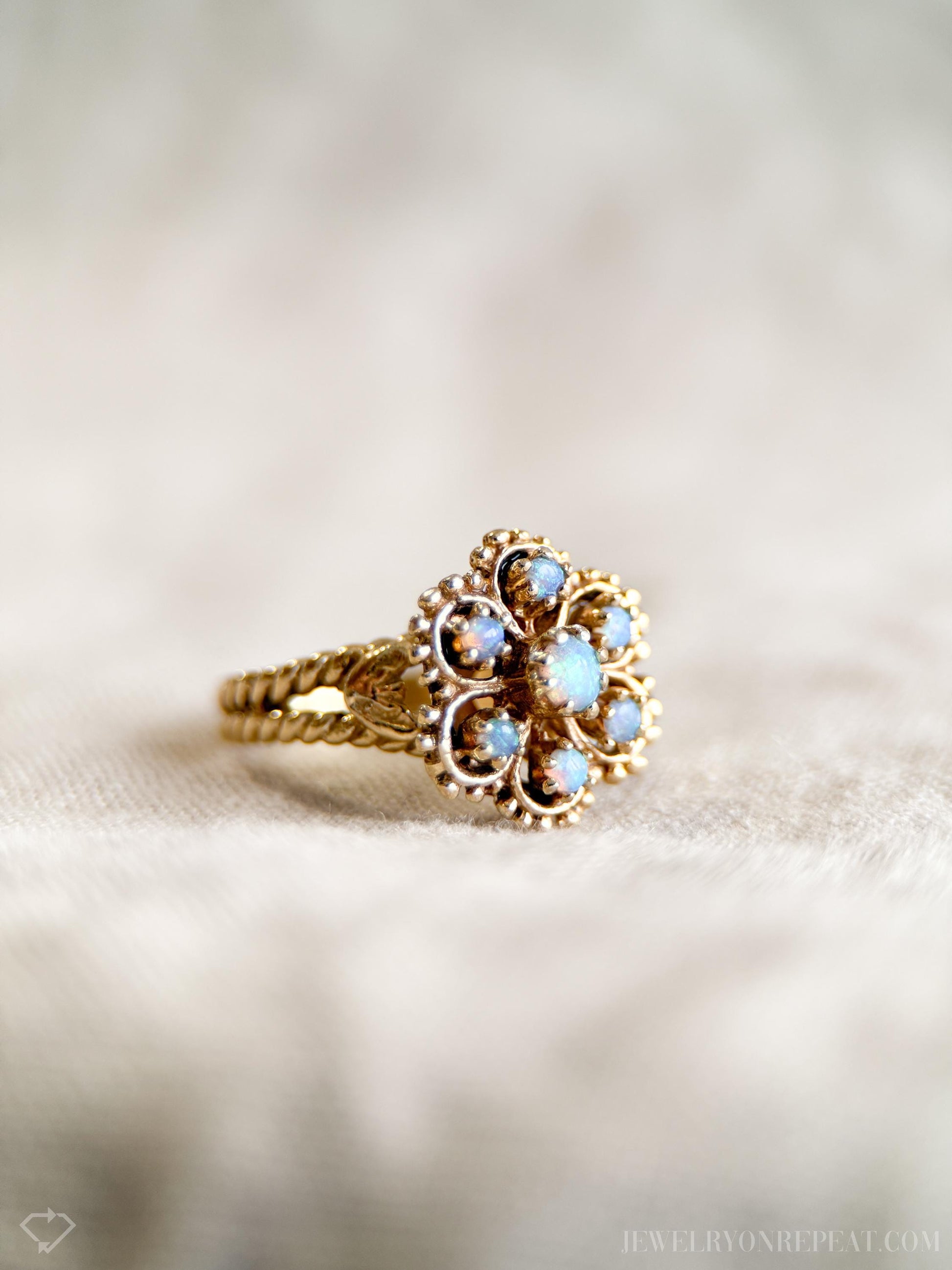 Vintage Opal and Floral Halo Ring in 14k Gold, Antique Jewelry from the 1970s - Timeless, Sustainable, @JewelryOnRepeat