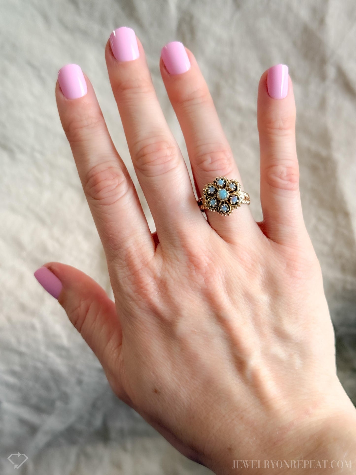Vintage Opal and Floral Halo Ring in 14k Gold, Antique Jewelry from the 1970s - Timeless, Sustainable, @JewelryOnRepeat