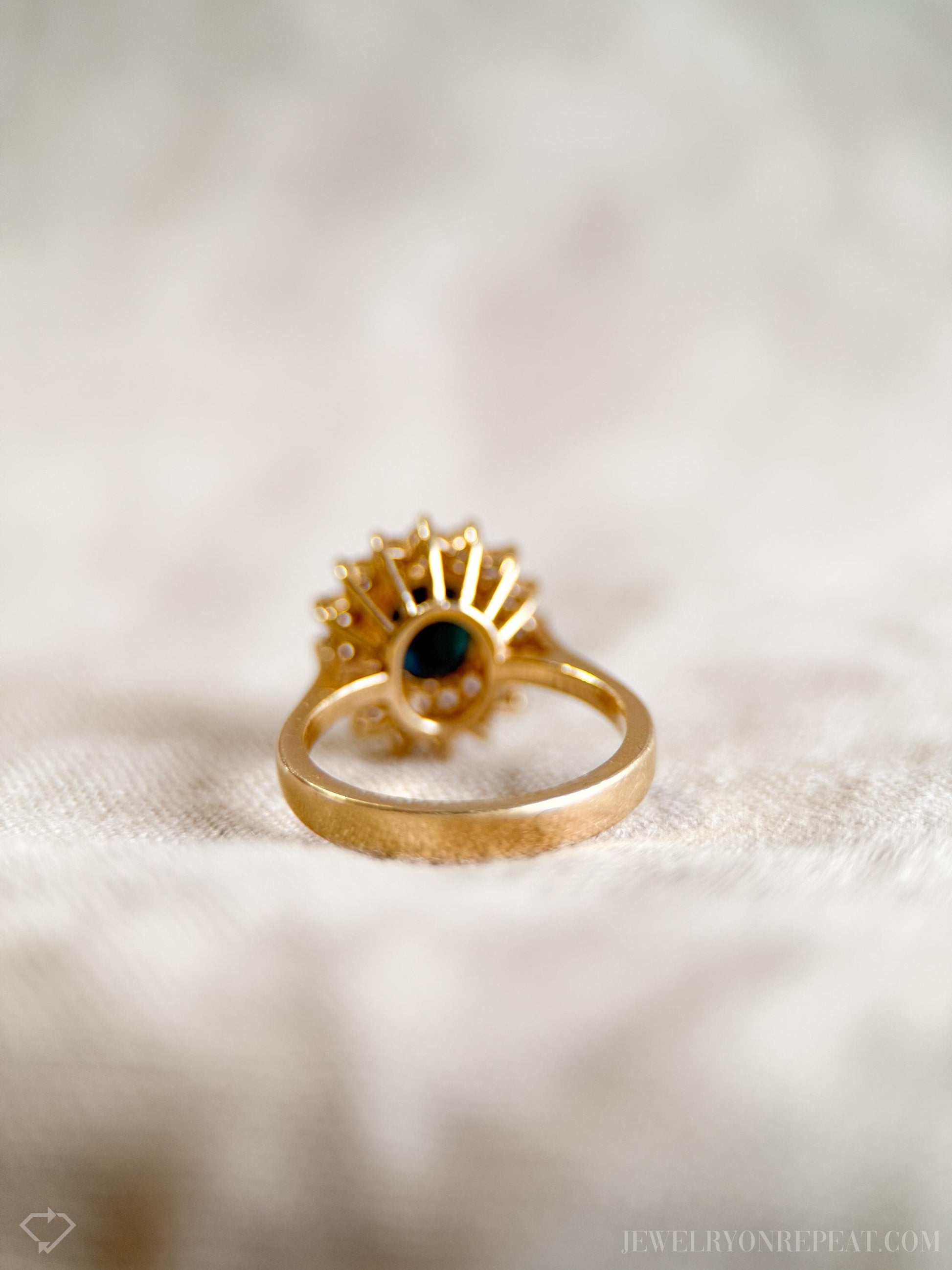 Vintage Sapphire Diamond Halo Gemstone Ring in 14k Gold, Retro Jewelry from the 1990s - Timeless, Sustainable, @JewelryOnRepeat