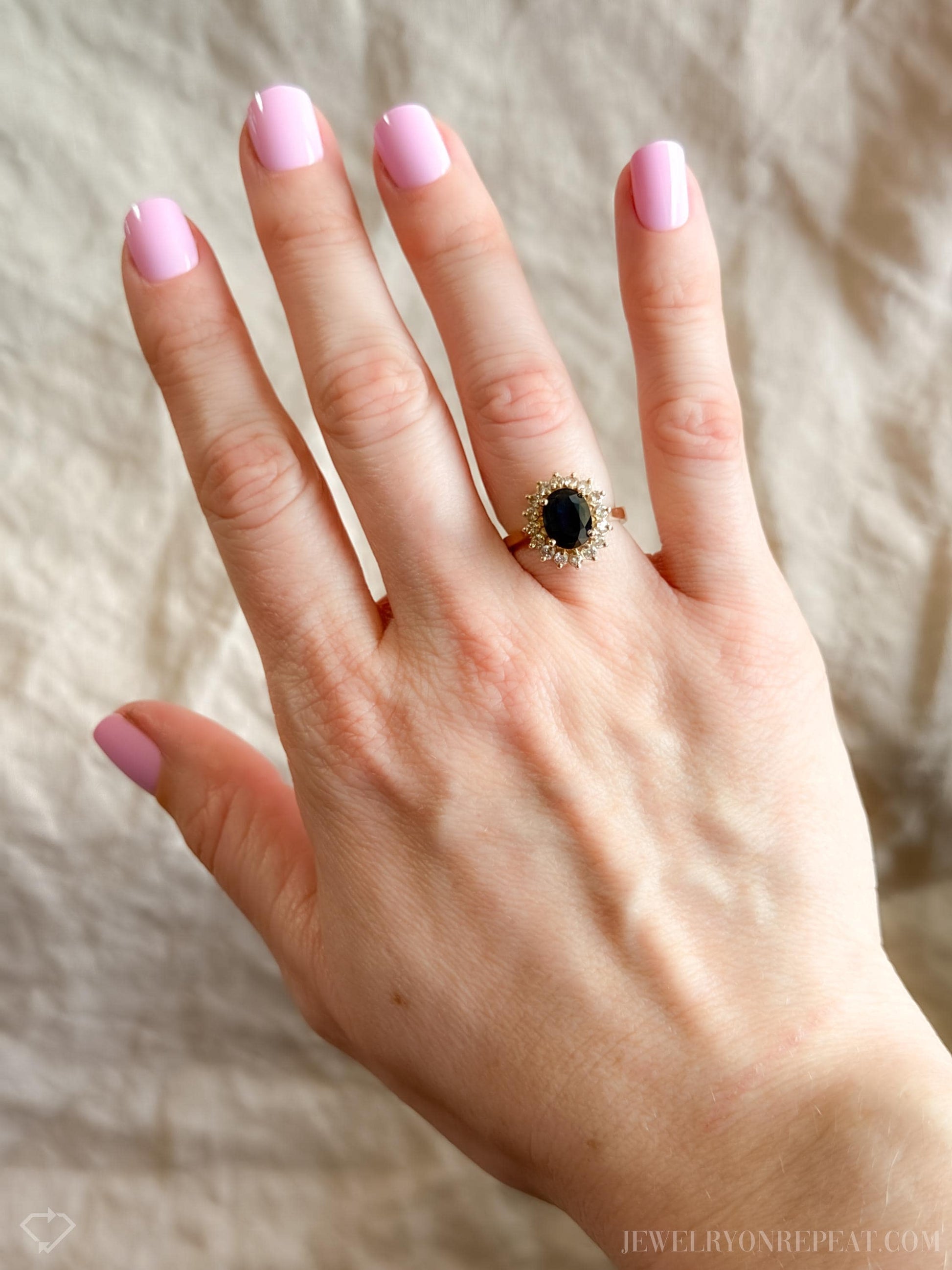 Vintage Sapphire Diamond Halo Gemstone Ring in 14k Gold, Retro Jewelry from the 1990s - Timeless, Sustainable, @JewelryOnRepeat