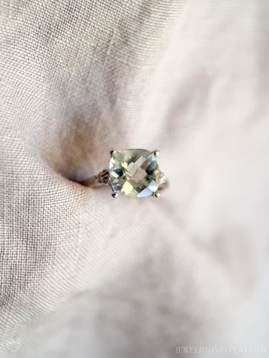 Vintage Green Prasiolite Gemstone Ring in 10k White Gold, Vintage Jewelry from the 1990s - Timeless, Sustainable, @JewelryOnRepeat
