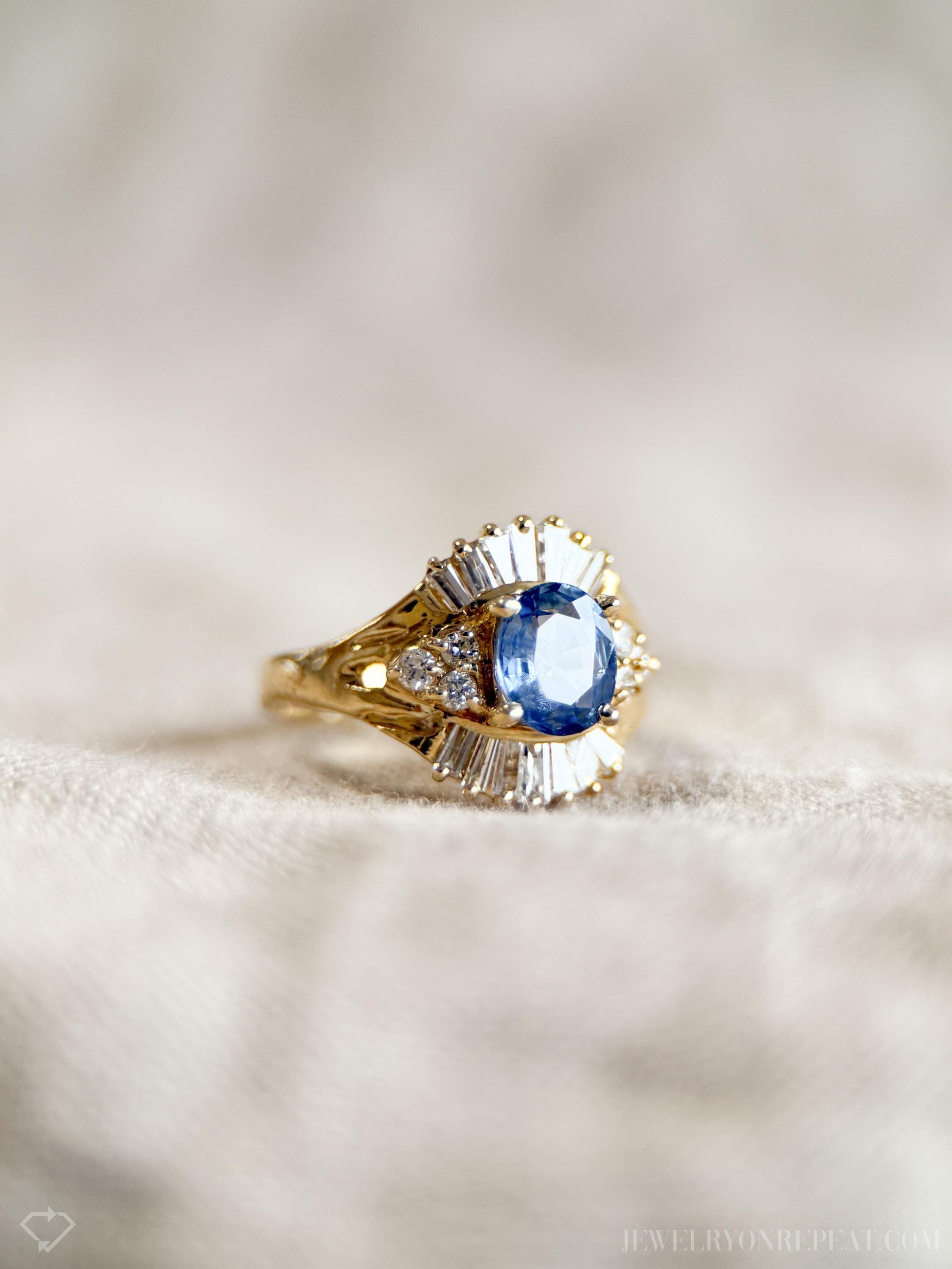 Vintage Sapphire Diamond Halo Gemstone Ring in 14k Gold, Retro Jewelry from the 1990s - Timeless, Sustainable, @JewelryOnRepeat