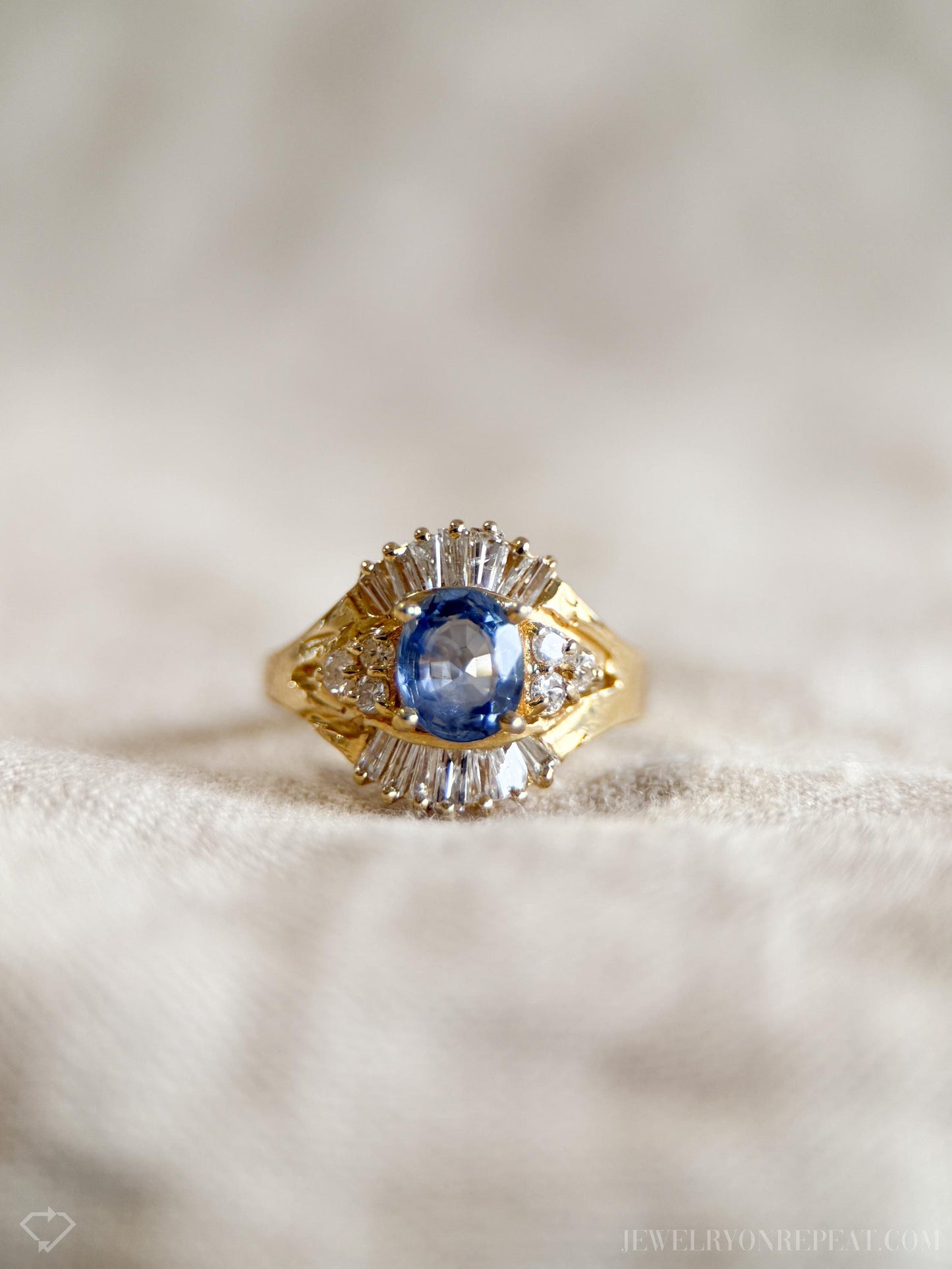 Vintage Sapphire Diamond Halo Gemstone Ring in 14k Gold, Retro Jewelry from the 1990s - Timeless, Sustainable, @JewelryOnRepeat