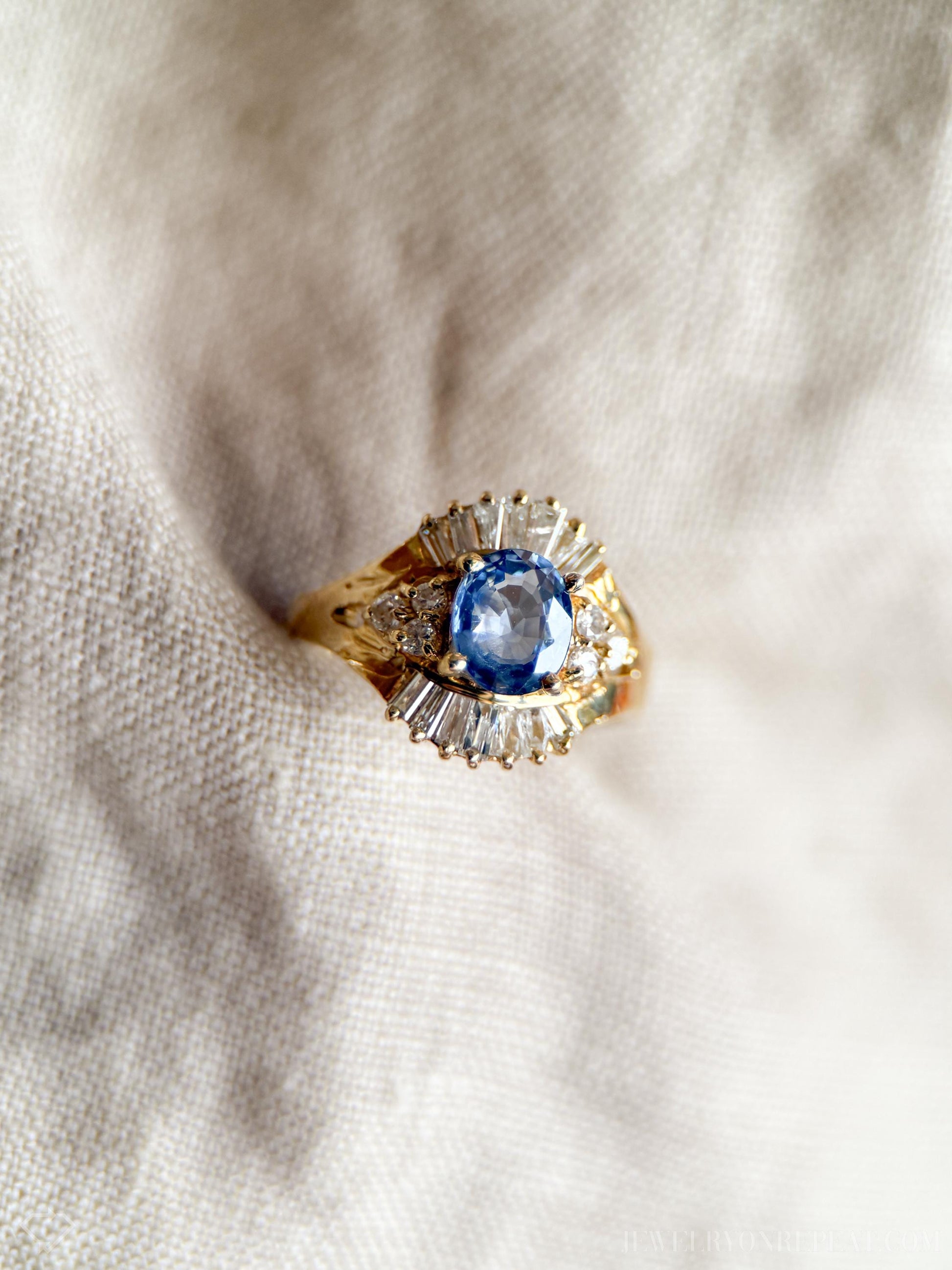Vintage Sapphire Diamond Halo Gemstone Ring in 14k Gold, Retro Jewelry from the 1990s - Timeless, Sustainable, @JewelryOnRepeat