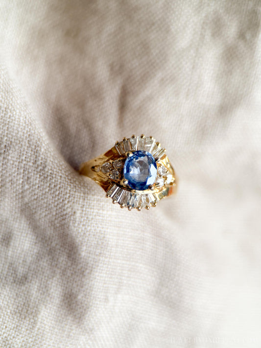 Vintage Sapphire Diamond Halo Gemstone Ring in 14k Gold, Retro Jewelry from the 1990s - Timeless, Sustainable, @JewelryOnRepeat