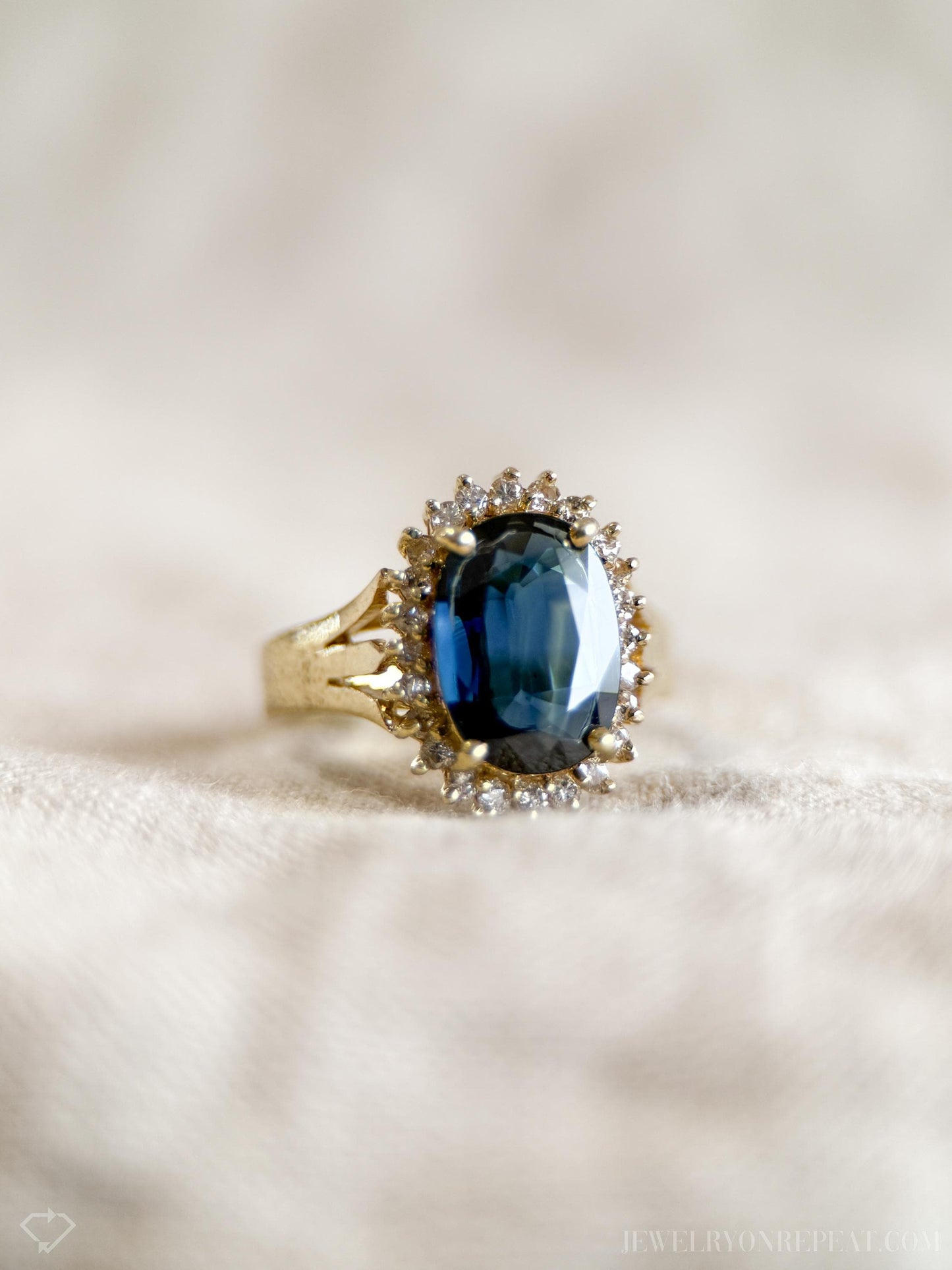 Vintage Sapphire Diamond Halo Gemstone Ring in 14k Gold, Retro Jewelry from the 1990s - Timeless, Sustainable, @JewelryOnRepeat