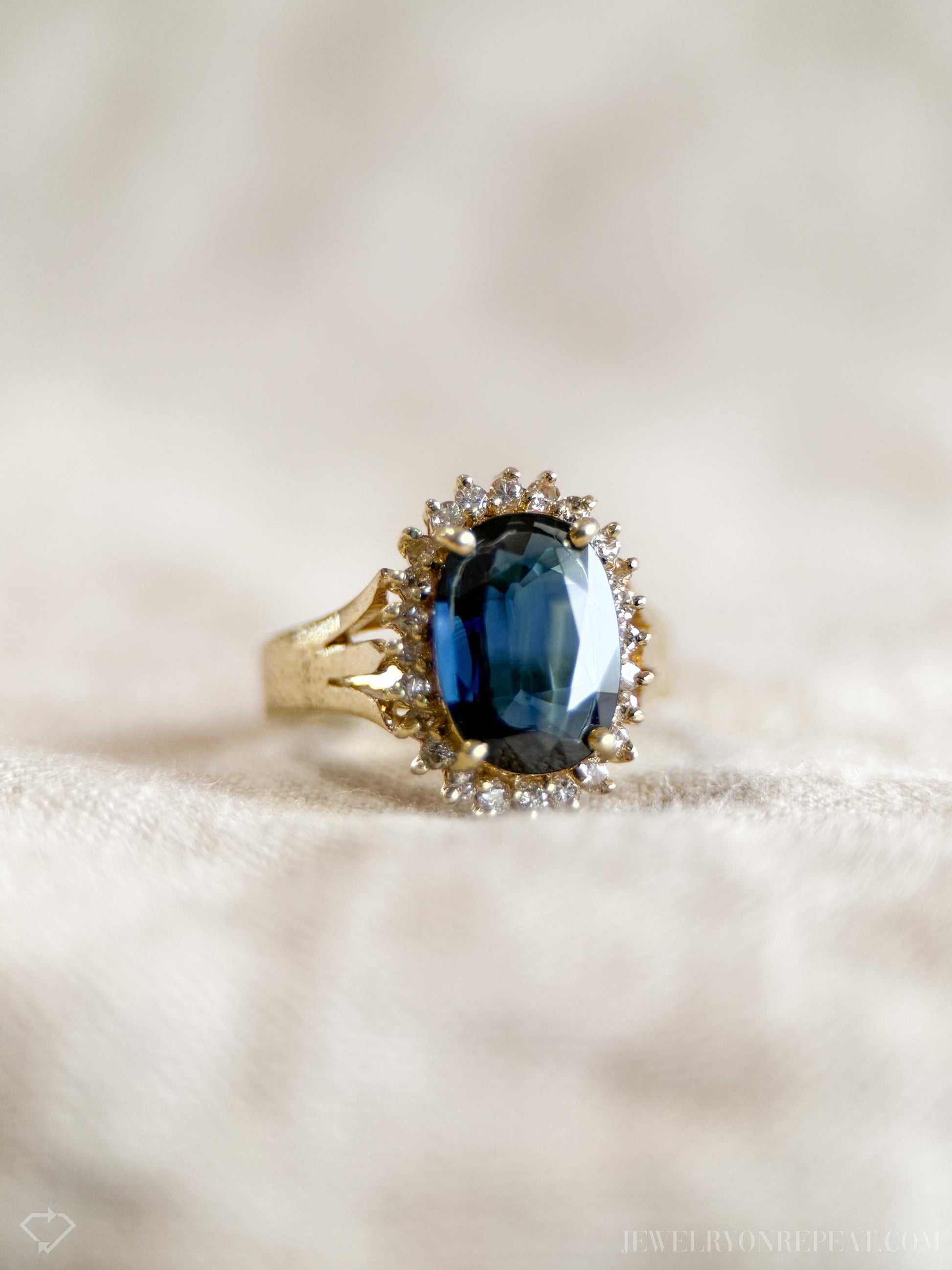 Vintage Sapphire Diamond Halo Gemstone Ring in 14k Gold, Retro Jewelry from the 1990s - Timeless, Sustainable, @JewelryOnRepeat