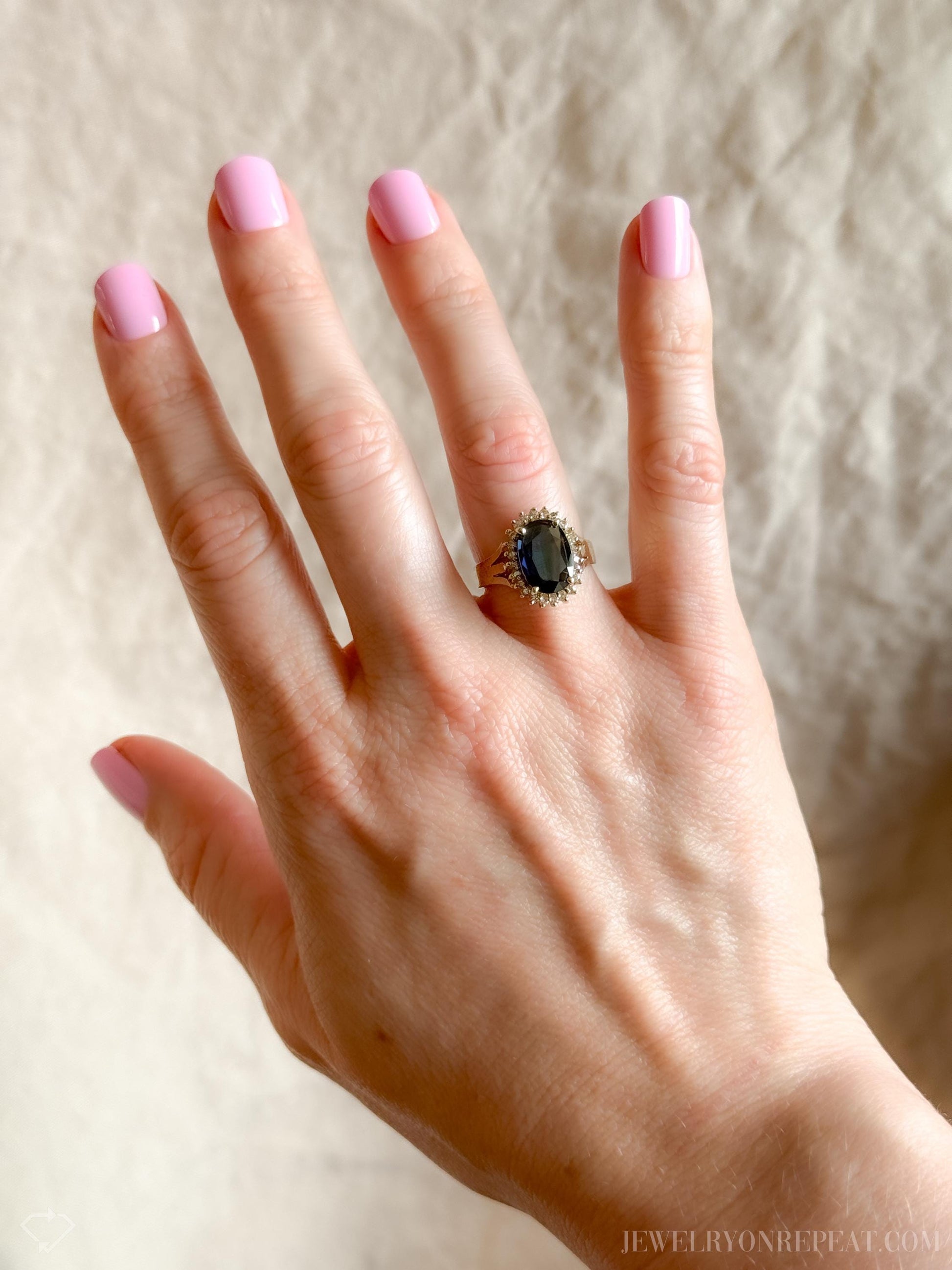 Vintage Sapphire Diamond Halo Gemstone Ring in 14k Gold, Retro Jewelry from the 1990s - Timeless, Sustainable, @JewelryOnRepeat