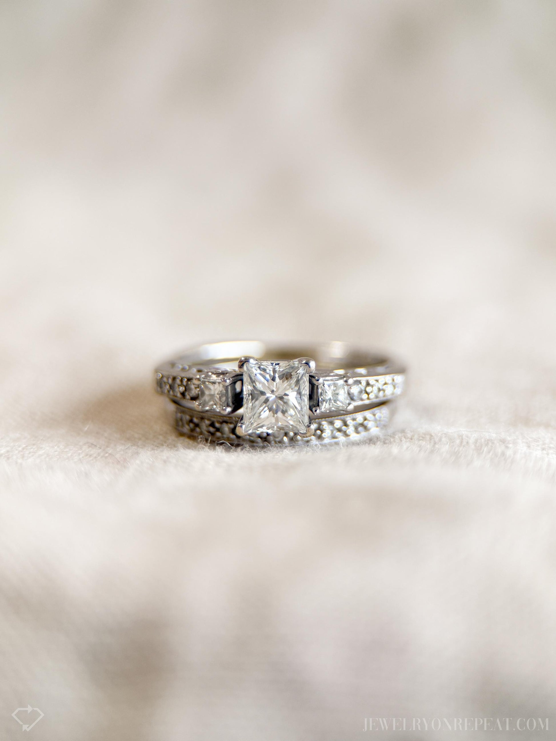 Vintage Princess Cut Diamond Engagement and Wedding Ring Bridal Set in 14k White Gold, Retro 1990s Jewelry - Timeless @JewelryOnRepeat