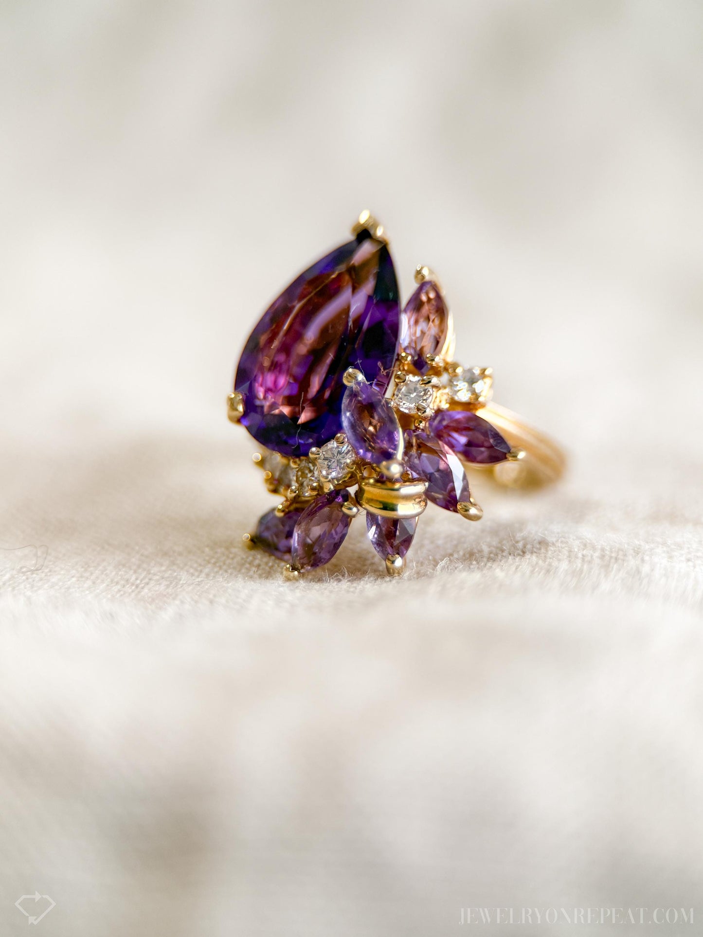 Vintage Amethyst Gemstone and Diamond Cluster Ring in 14k Gold, Retro Jewelry from the 1980s - Timeless, Sustainable, @JewelryOnRepeat