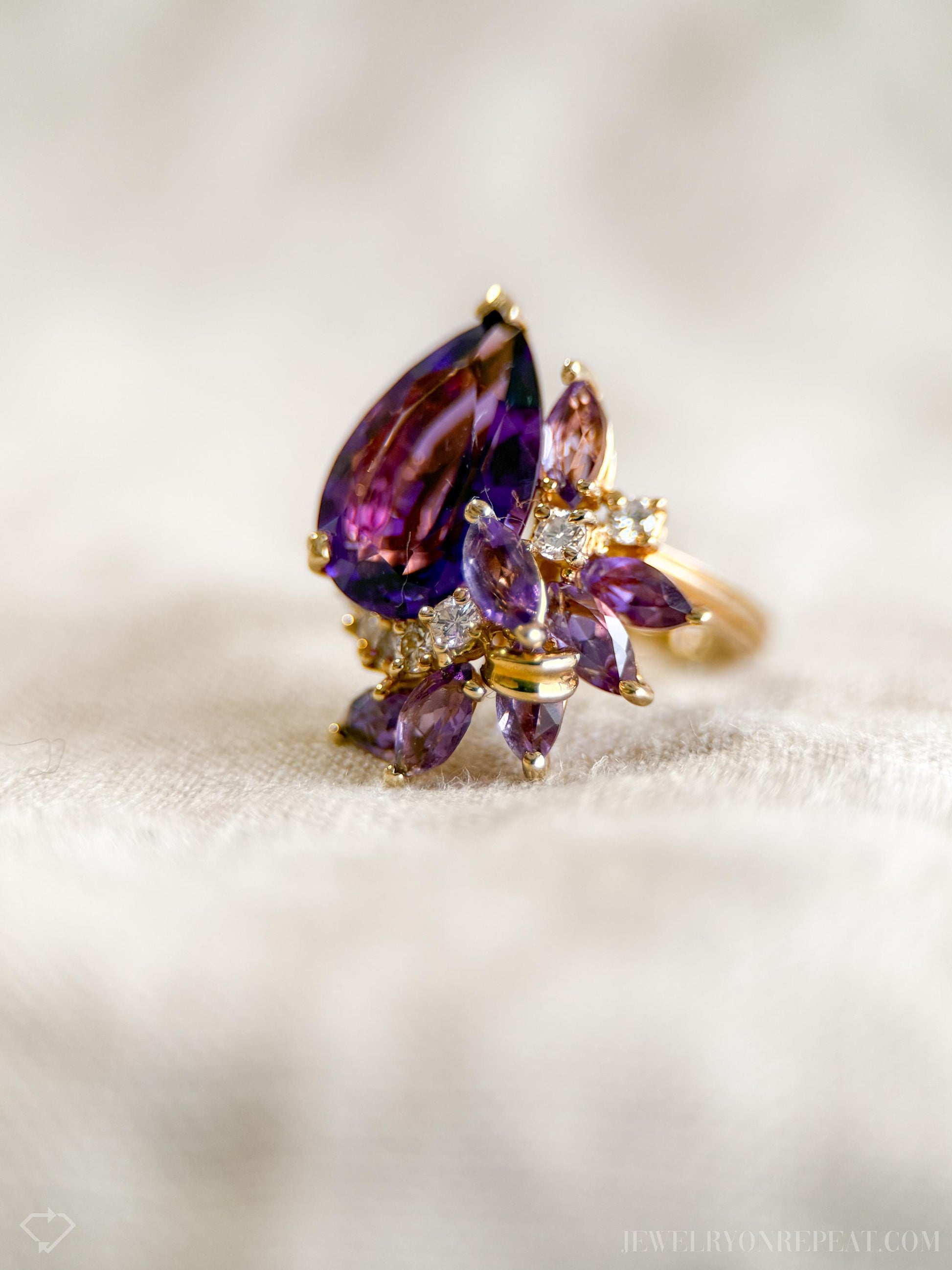 Vintage Amethyst Gemstone and Diamond Cluster Ring in 14k Gold, Retro Jewelry from the 1980s - Timeless, Sustainable, @JewelryOnRepeat