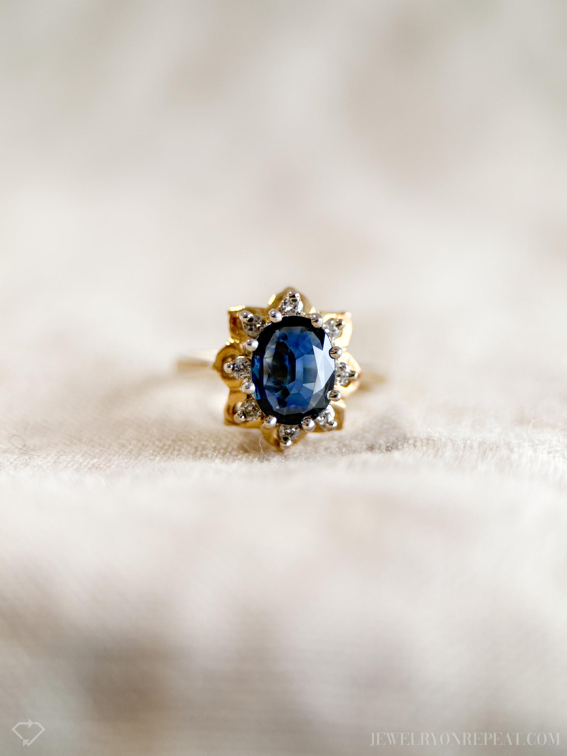 Vintage Sapphire Diamond Halo Gemstone Ring in 14k Gold, Retro Jewelry from the 1950s - Timeless, Sustainable, @JewelryOnRepeat