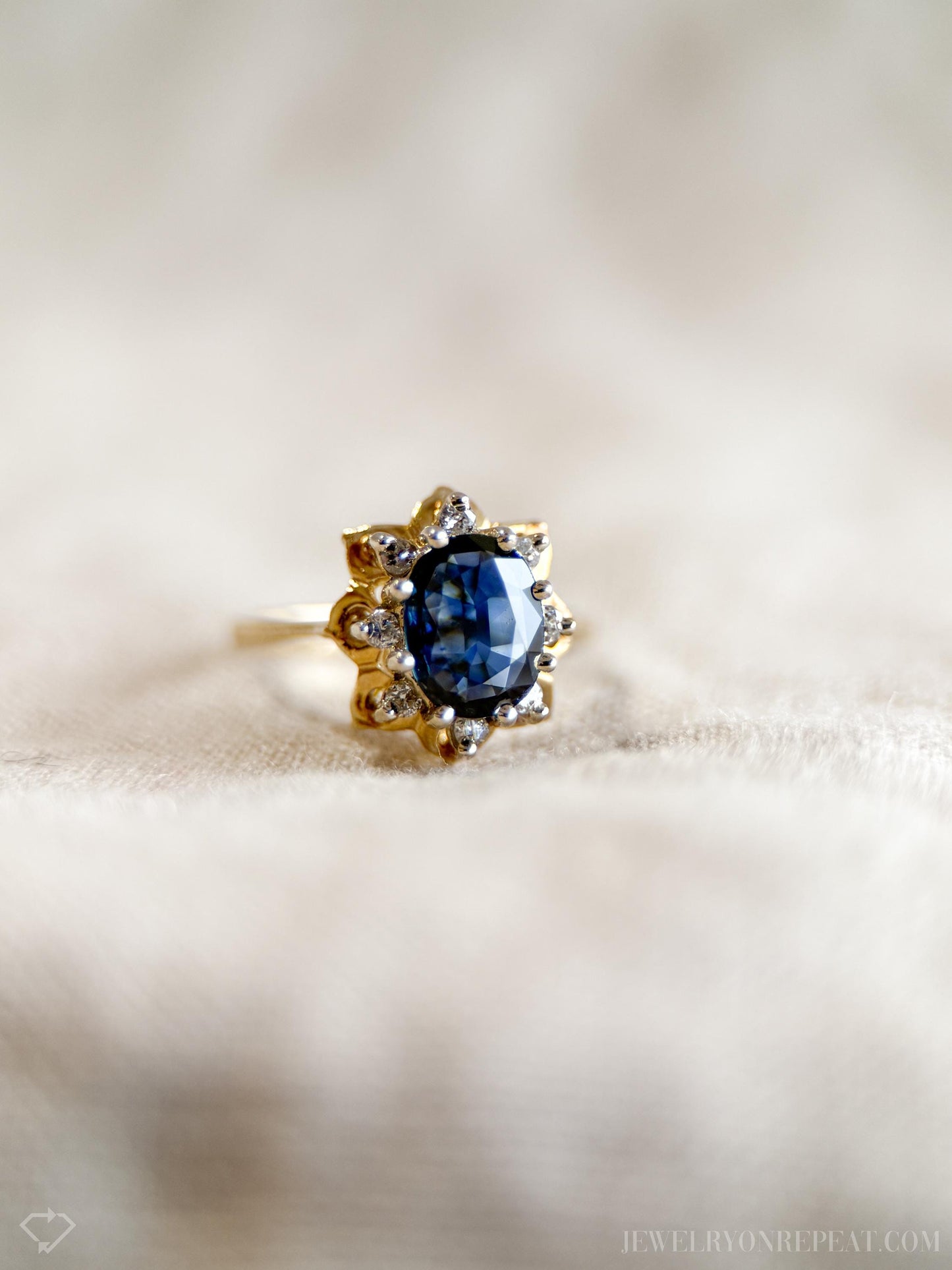 Vintage Sapphire Diamond Halo Gemstone Ring in 14k Gold, Retro Jewelry from the 1950s - Timeless, Sustainable, @JewelryOnRepeat