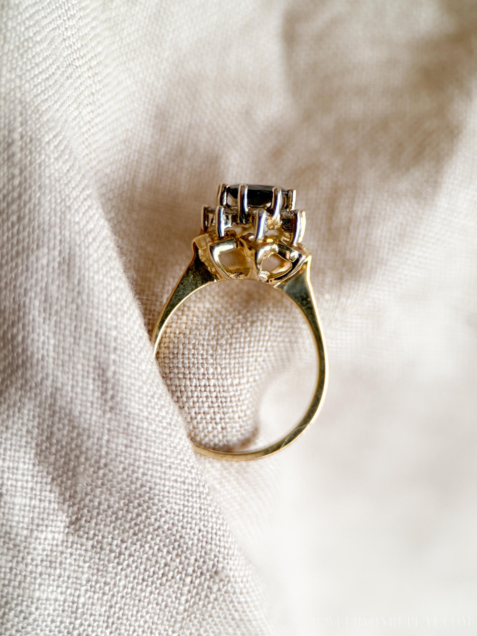 Vintage Sapphire Diamond Halo Gemstone Ring in 14k Gold, Retro Jewelry from the 1950s - Timeless, Sustainable, @JewelryOnRepeat