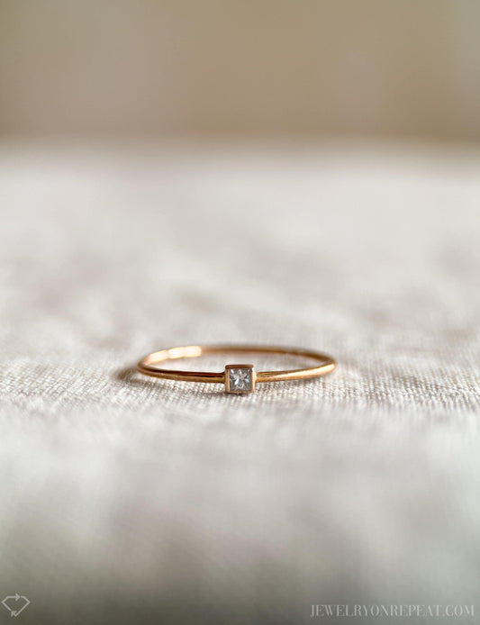 Vintage Princess Cut Diamond Mini Bezel Solitaire Engagement Ring in 14k Rose Gold, Retro Jewelry - Timeless, Sustainable, @JewelryOnRepeat