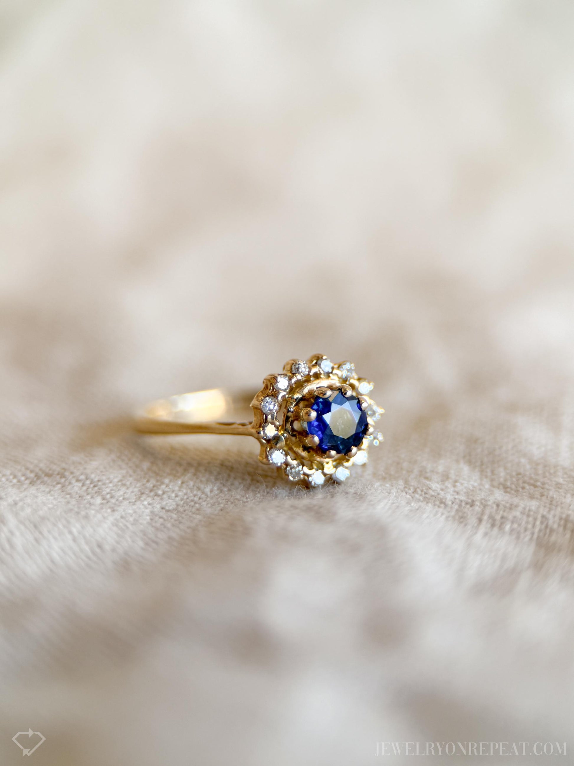 Vintage Sapphire Diamond Halo Gemstone Ring in 14k Gold, Retro Jewelry from the 1990s - Timeless, Sustainable, @JewelryOnRepeat
