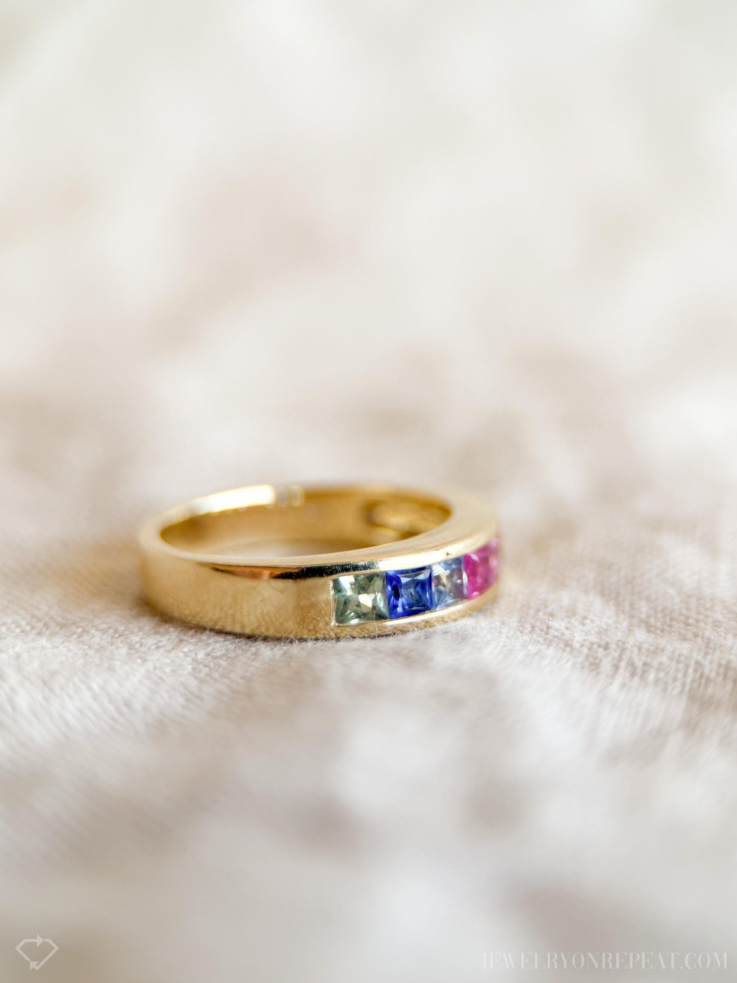 Vintage Rainbow Sapphire Channel Set Band in 14k Gold, Retro Jewelry from the 1990s - Timeless, Sustainable, @JewelryOnRepeat