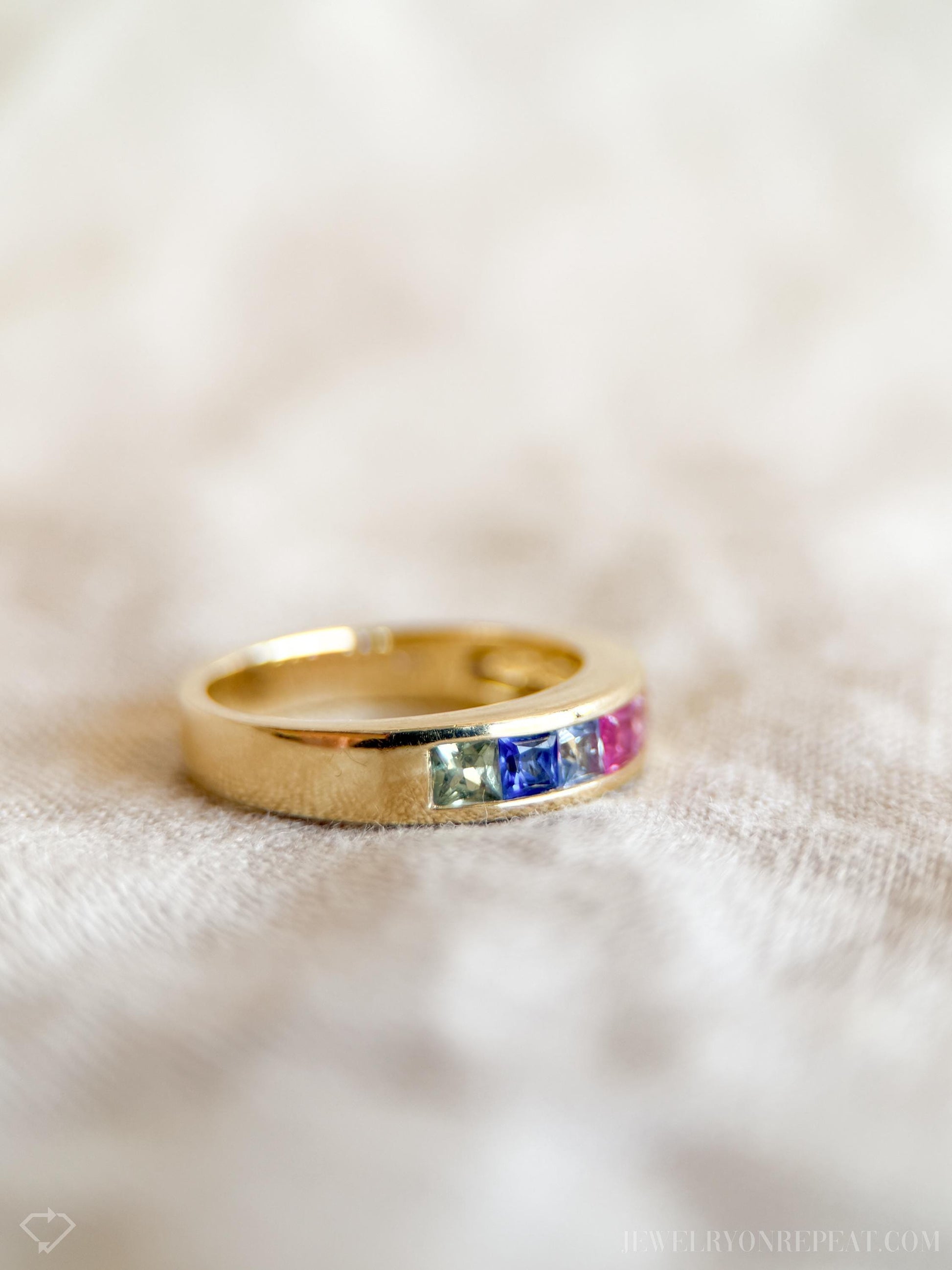 Vintage Rainbow Sapphire Channel Set Band in 14k Gold, Retro Jewelry from the 1990s - Timeless, Sustainable, @JewelryOnRepeat