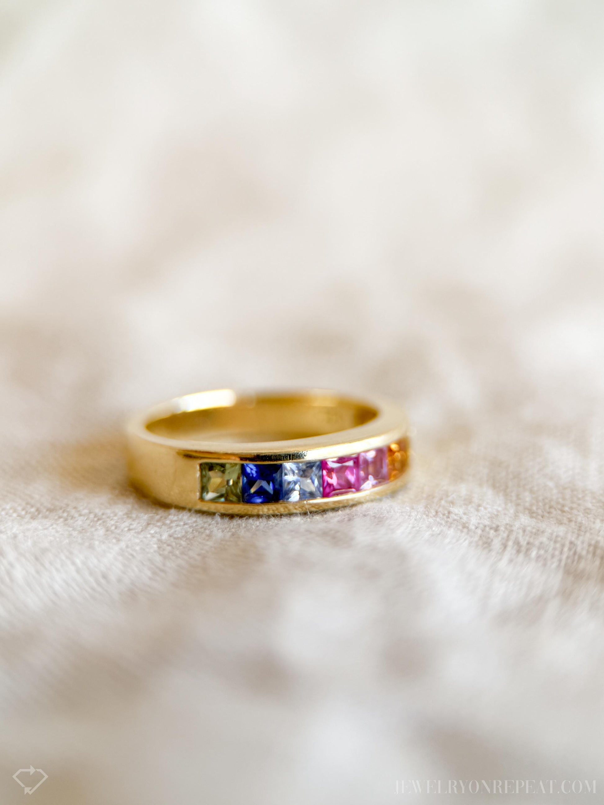 Vintage Rainbow Sapphire Channel Set Band in 14k Gold, Retro Jewelry from the 1990s - Timeless, Sustainable, @JewelryOnRepeat
