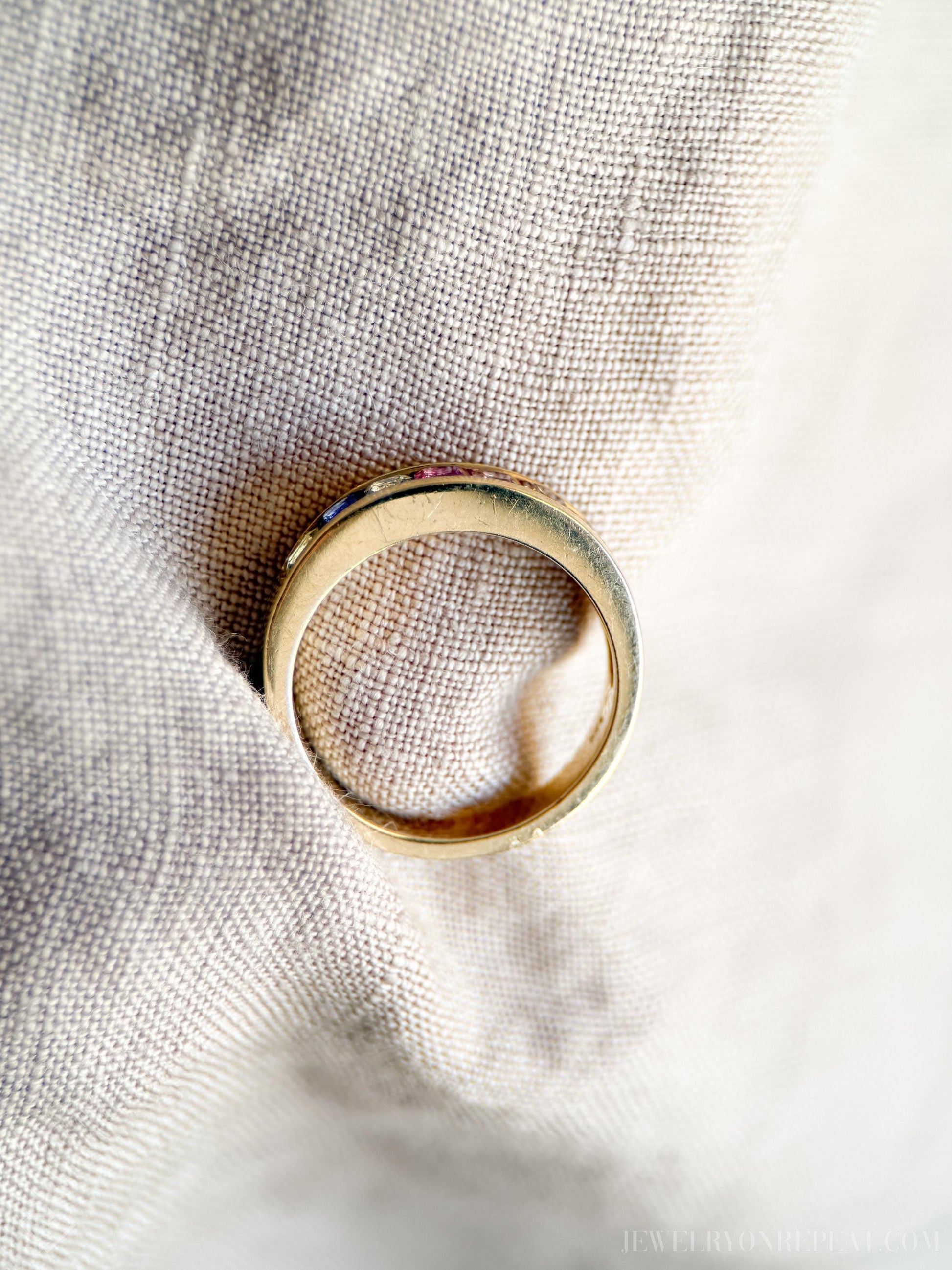 Vintage Rainbow Sapphire Channel Set Band in 14k Gold, Retro Jewelry from the 1990s - Timeless, Sustainable, @JewelryOnRepeat