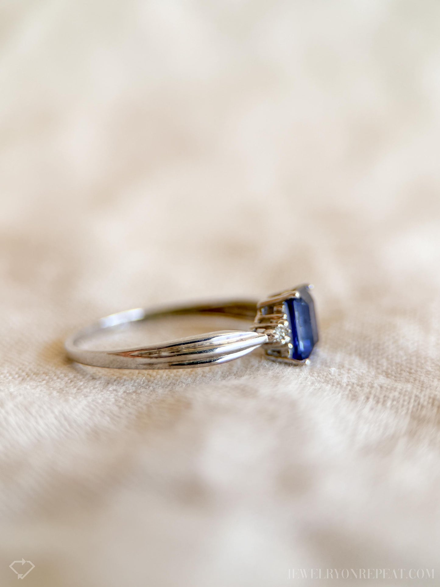Vintage Emerald Cut Blue Sapphire Gemstone Ring in 10k White Gold, Retro Jewelry from the 1990s - Timeless, Sustainable, @JewelryOnRepeat