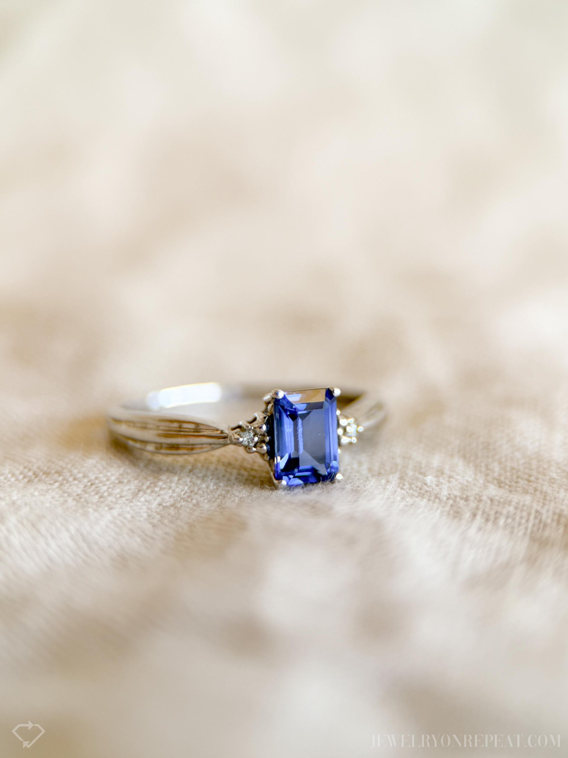 Vintage Emerald Cut Blue Sapphire Gemstone Ring in 10k White Gold, Retro Jewelry from the 1990s - Timeless, Sustainable, @JewelryOnRepeat