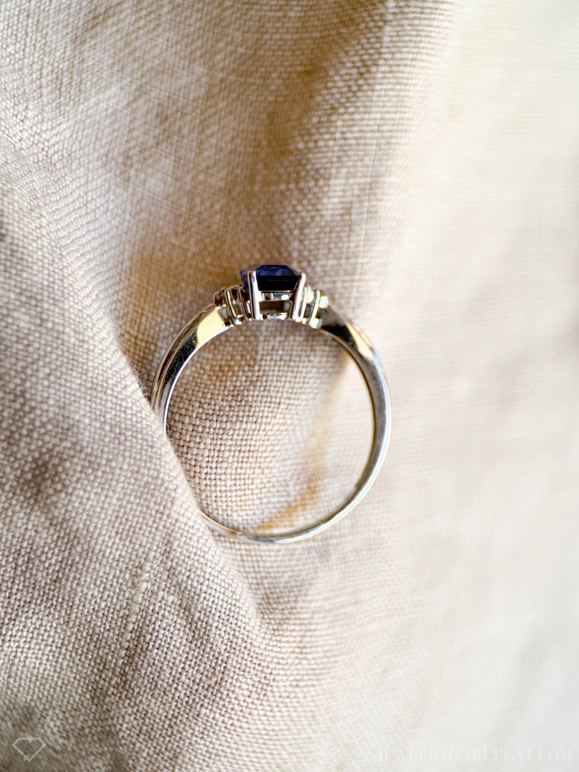 Vintage Emerald Cut Blue Sapphire Gemstone Ring in 10k White Gold, Retro Jewelry from the 1990s - Timeless, Sustainable, @JewelryOnRepeat