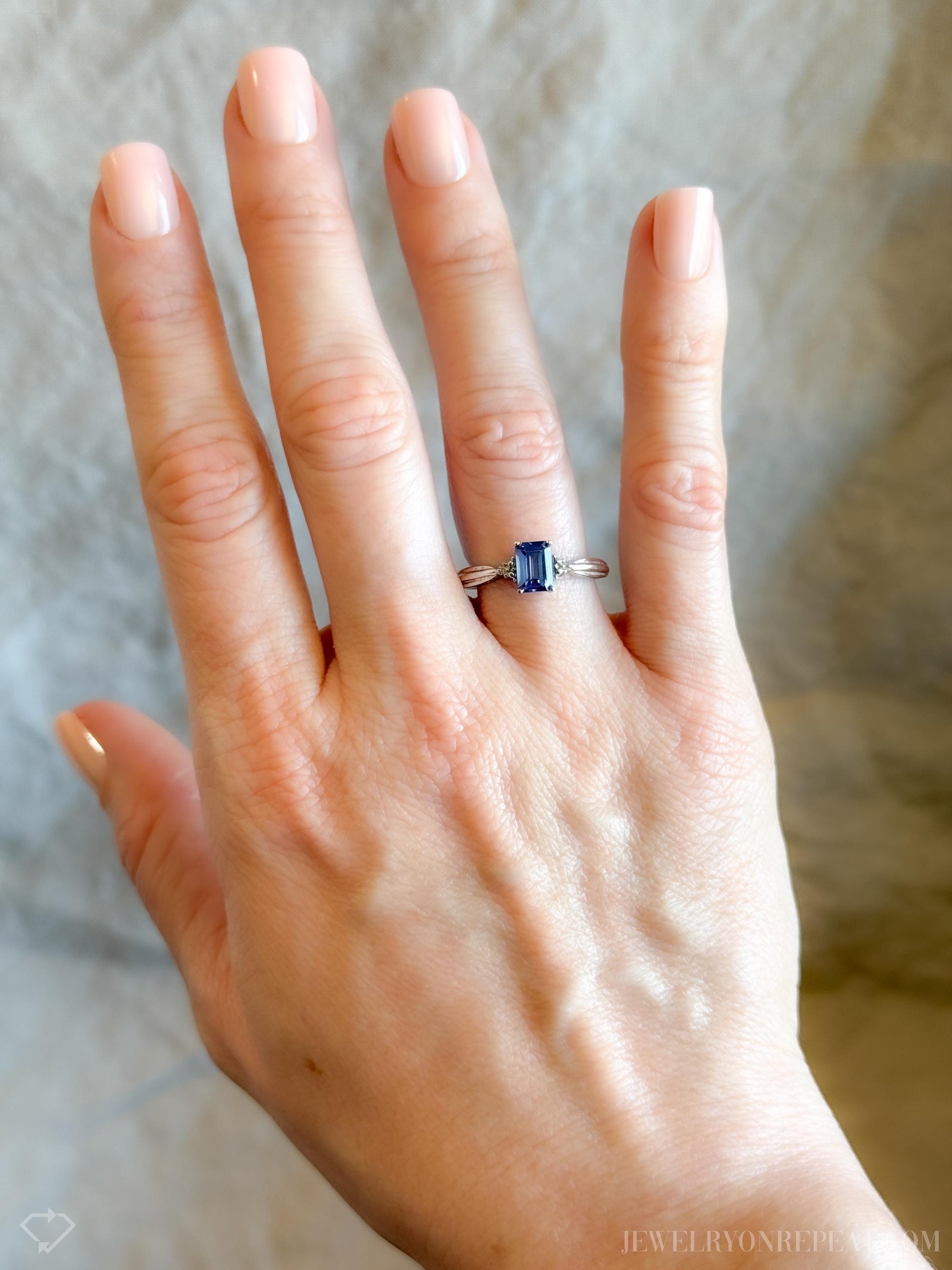Vintage Emerald Cut Blue Sapphire Gemstone Ring in 10k White Gold, Retro Jewelry from the 1990s - Timeless, Sustainable, @JewelryOnRepeat