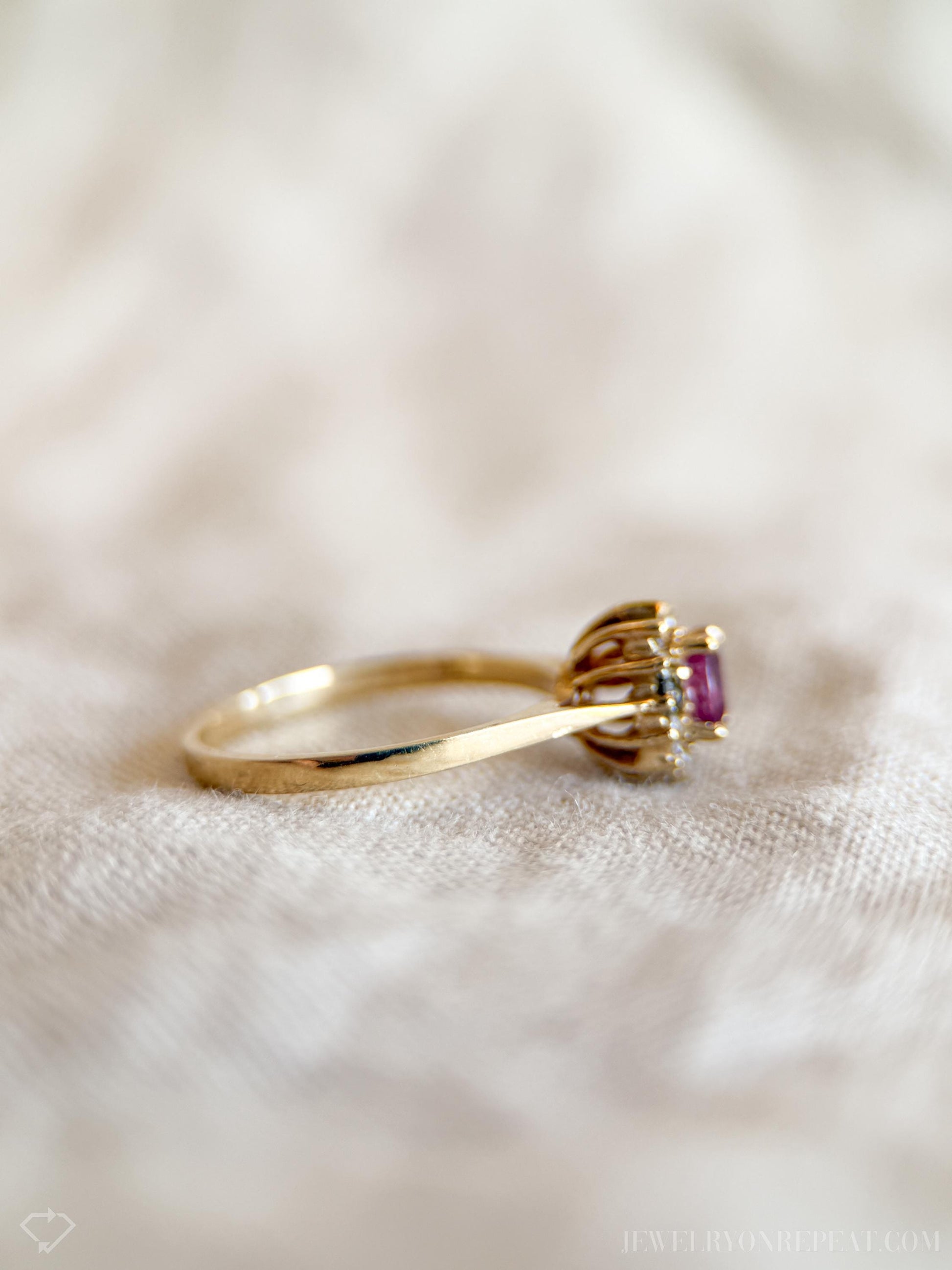 Vintage Ruby and Diamond Halo Gemstone Ring in 14k Gold, Antique Jewelry from the 1990s - Timeless, Sustainable, @JewelryOnRepeat